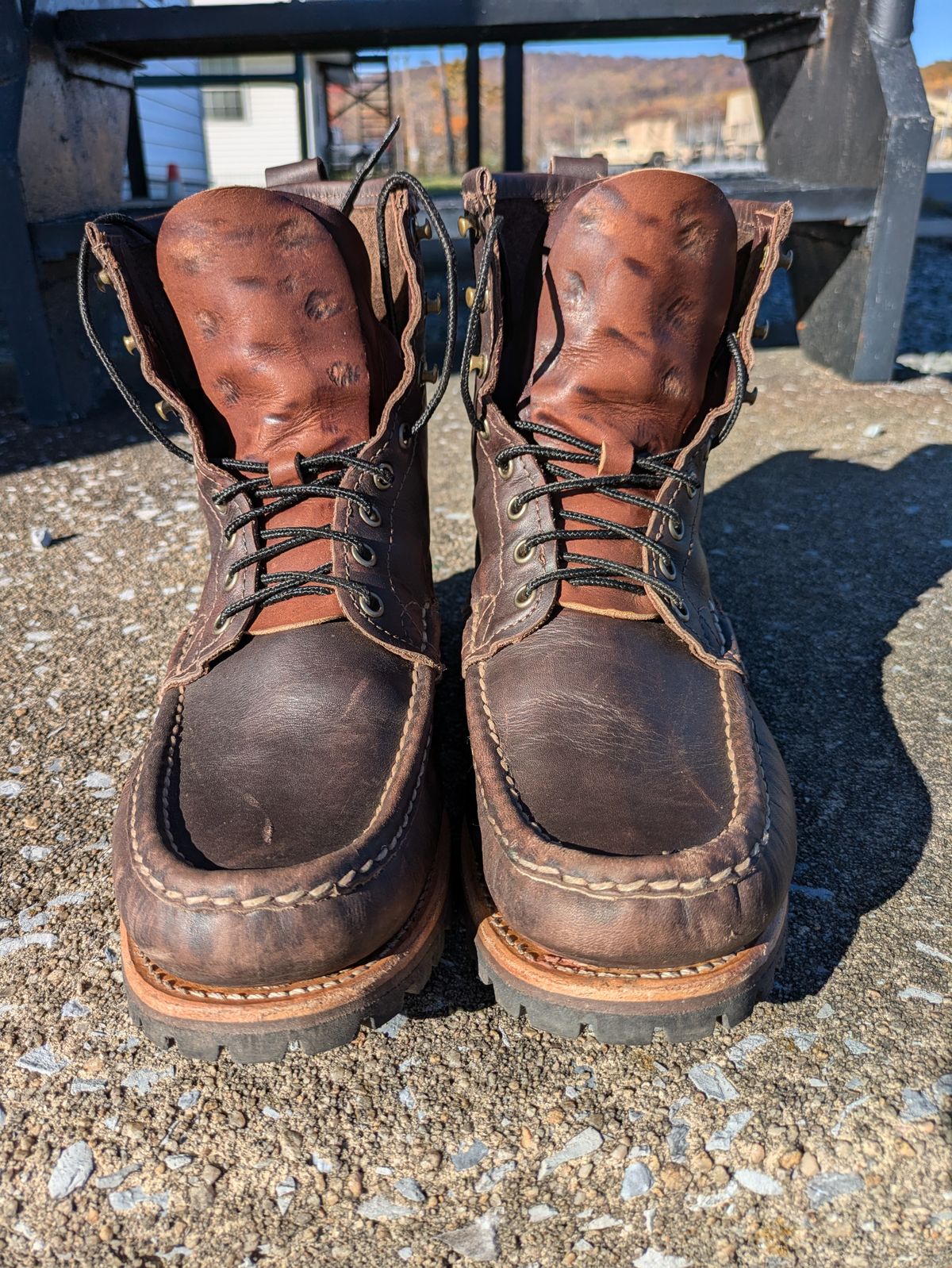 Photo by PodJr on November 3, 2024 of the Russell Moccasin Co. Weathered Oak Backcountry in Full-Grain Timberjack.