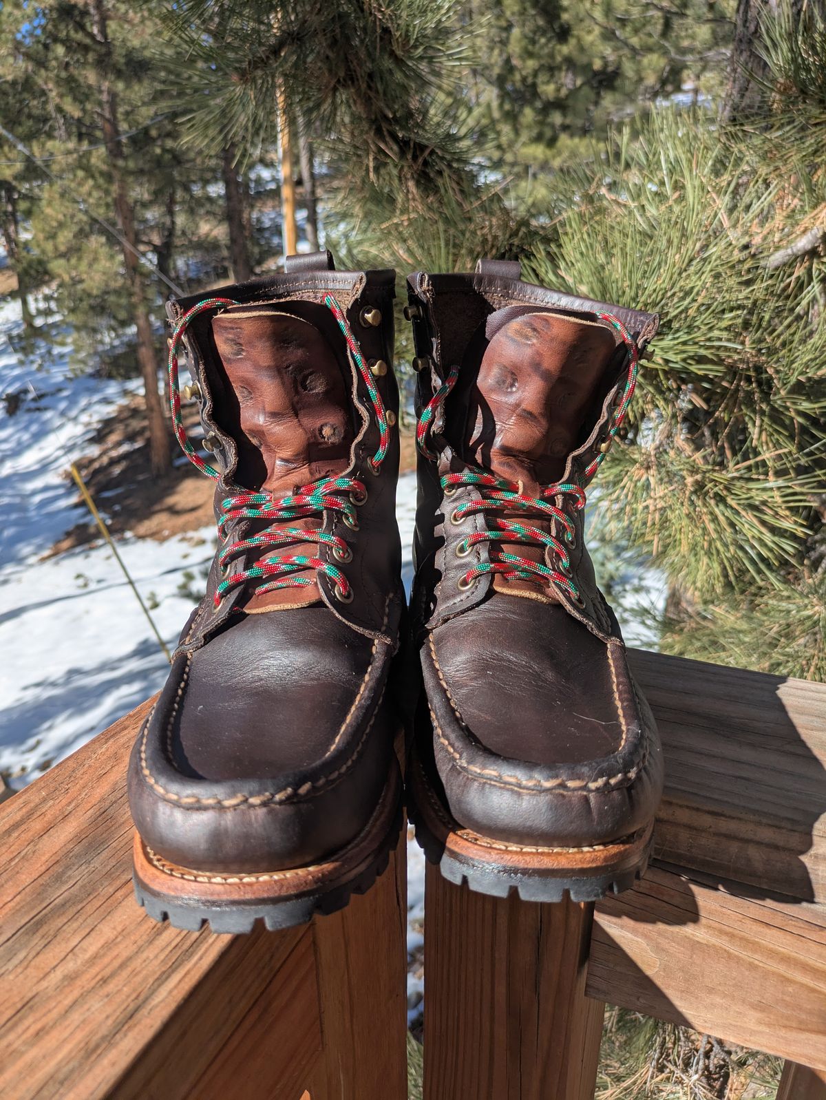 Photo by PodJr on December 2, 2024 of the Russell Moccasin Co. Weathered Oak Backcountry in Full-Grain Timberjack.