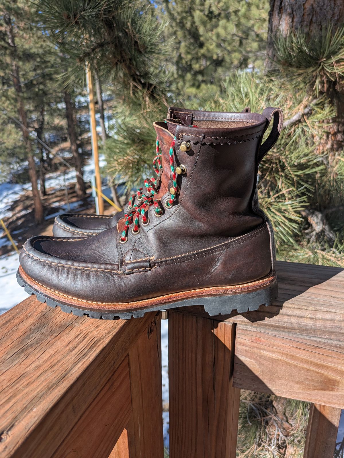 Photo by PodJr on December 2, 2024 of the Russell Moccasin Co. Weathered Oak Backcountry in Full-Grain Timberjack.