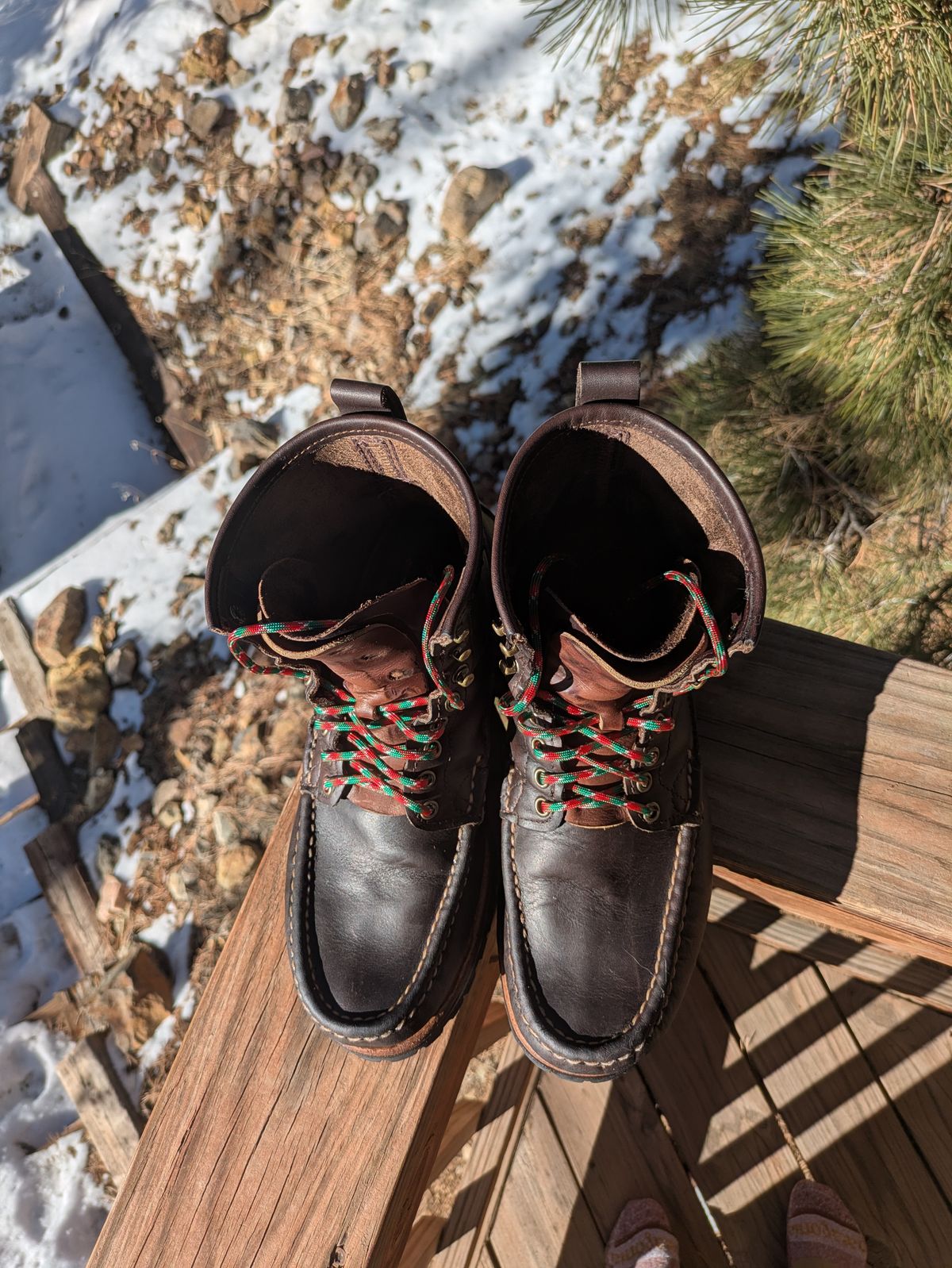 Photo by PodJr on December 2, 2024 of the Russell Moccasin Co. Weathered Oak Backcountry in Full-Grain Timberjack.