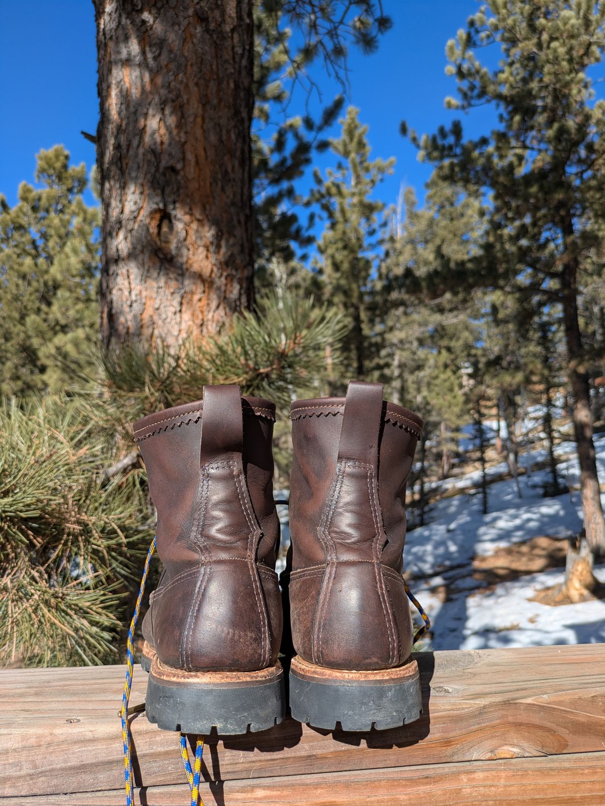 Photo by PodJr on January 1, 2025 of the Russell Moccasin Co. Weathered Oak Backcountry in Full-Grain Timberjack.