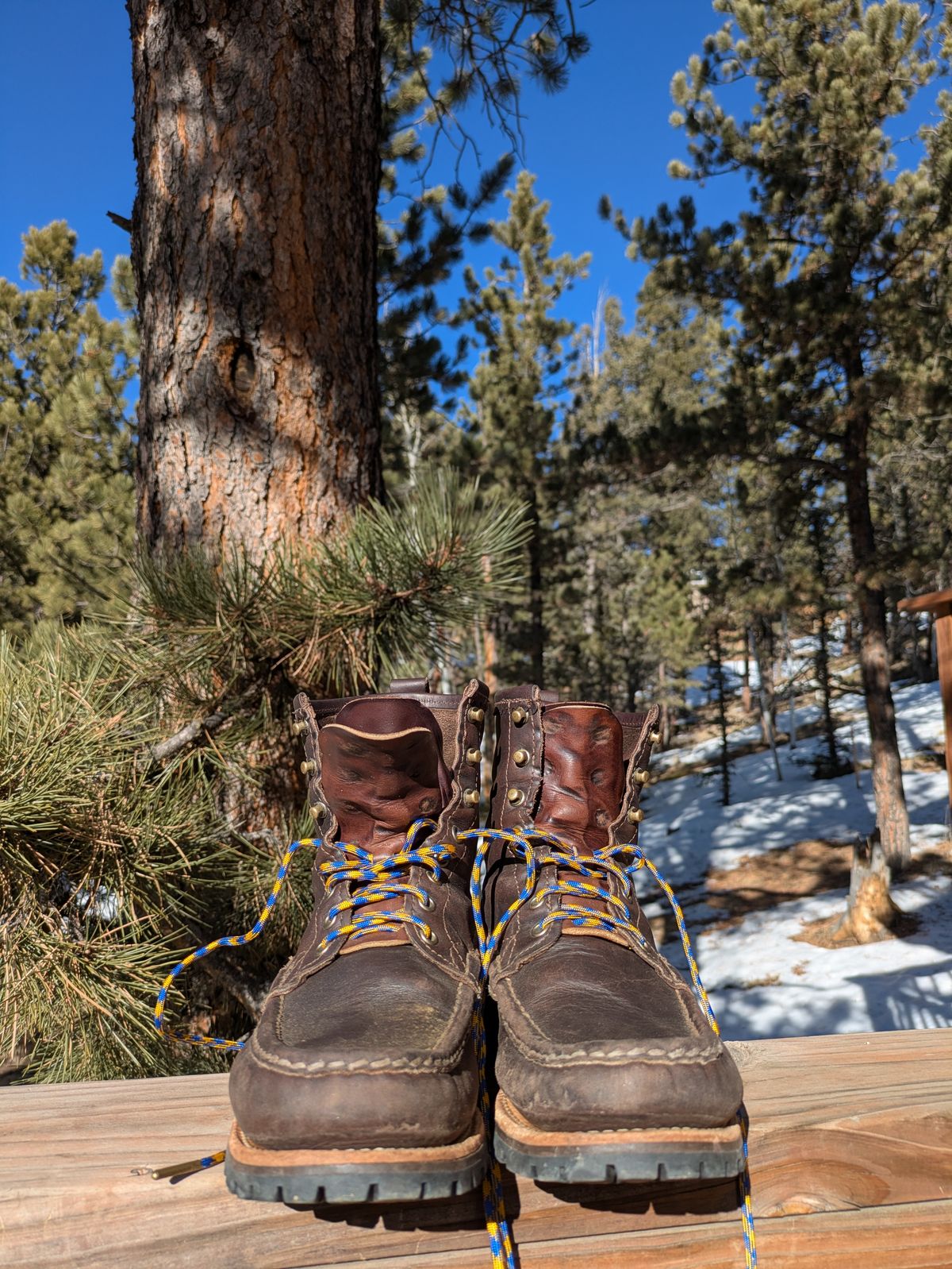 Photo by PodJr on January 1, 2025 of the Russell Moccasin Co. Weathered Oak Backcountry in Full-Grain Timberjack.