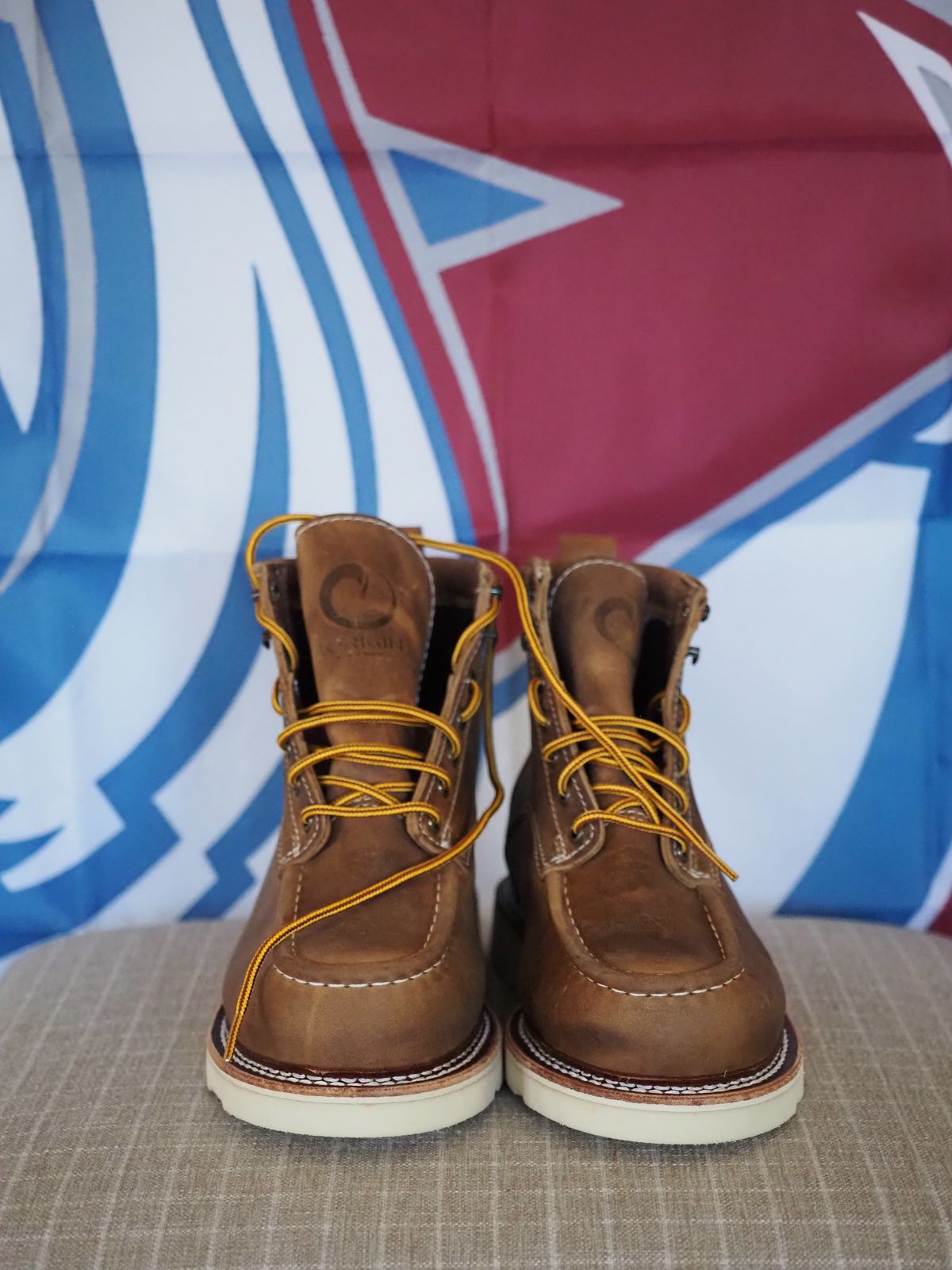 Photo by PodJr on October 2, 2025 of the Origin MAINE MOC TOE BOOT - NATURAL in American Cow Hide.