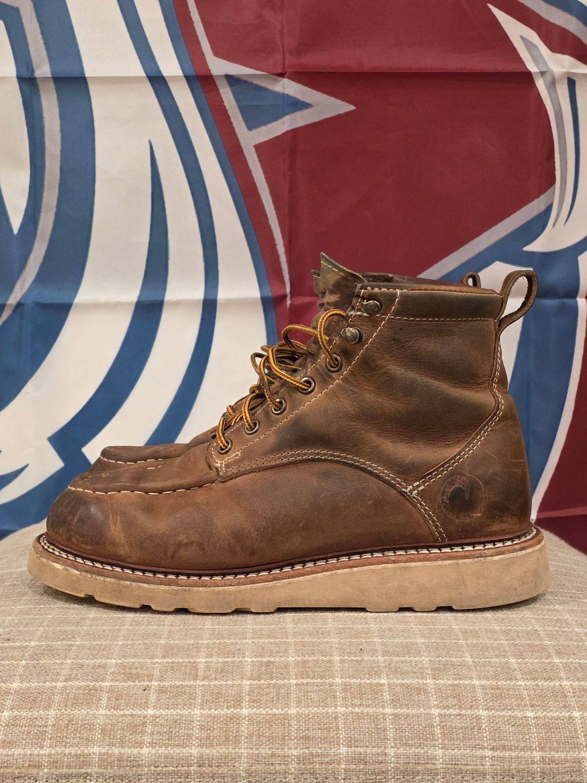Photo by PodJr on December 6, 2025 of the Origin MAINE MOC TOE BOOT - NATURAL in American Cow Hide.