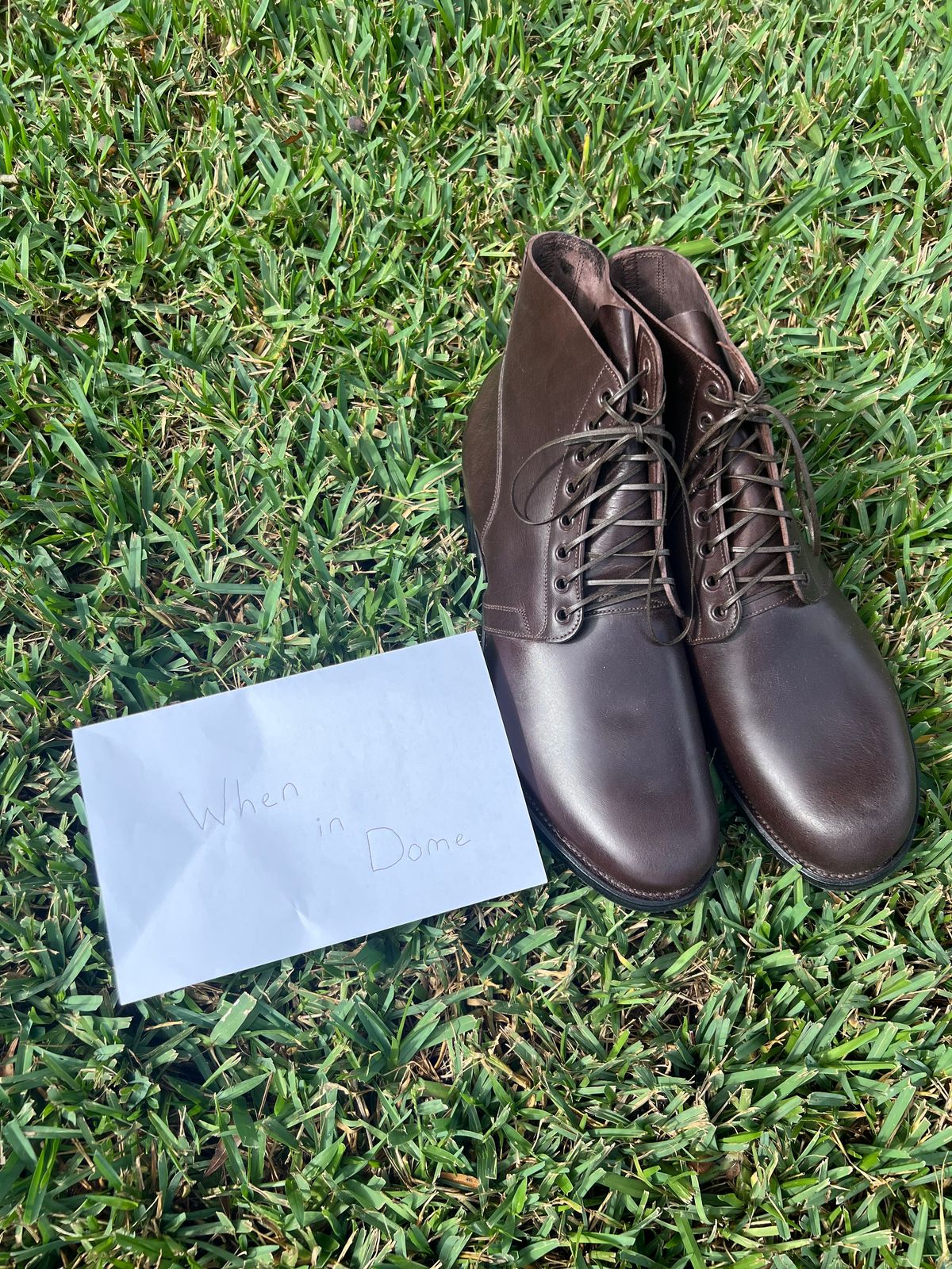 Photo by thebootbum2 on November 5, 2024 of the Viberg x Himel Ammunition Boot in Chocolate Italian Horsebutt.
