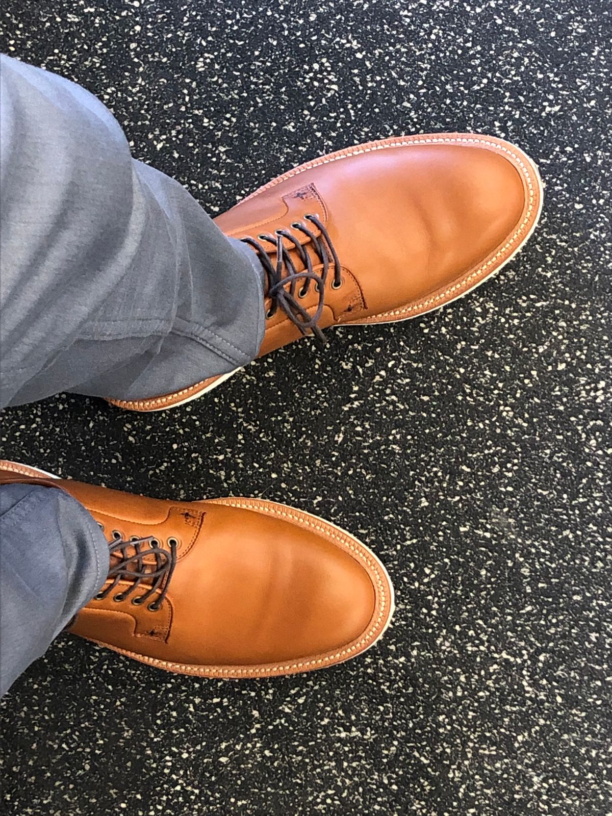 Photo by Bota71 on April 1, 2022 of the Grant Stone Plain Toe Blucher in Badalassi Carlo Saddle Tan Minerva.