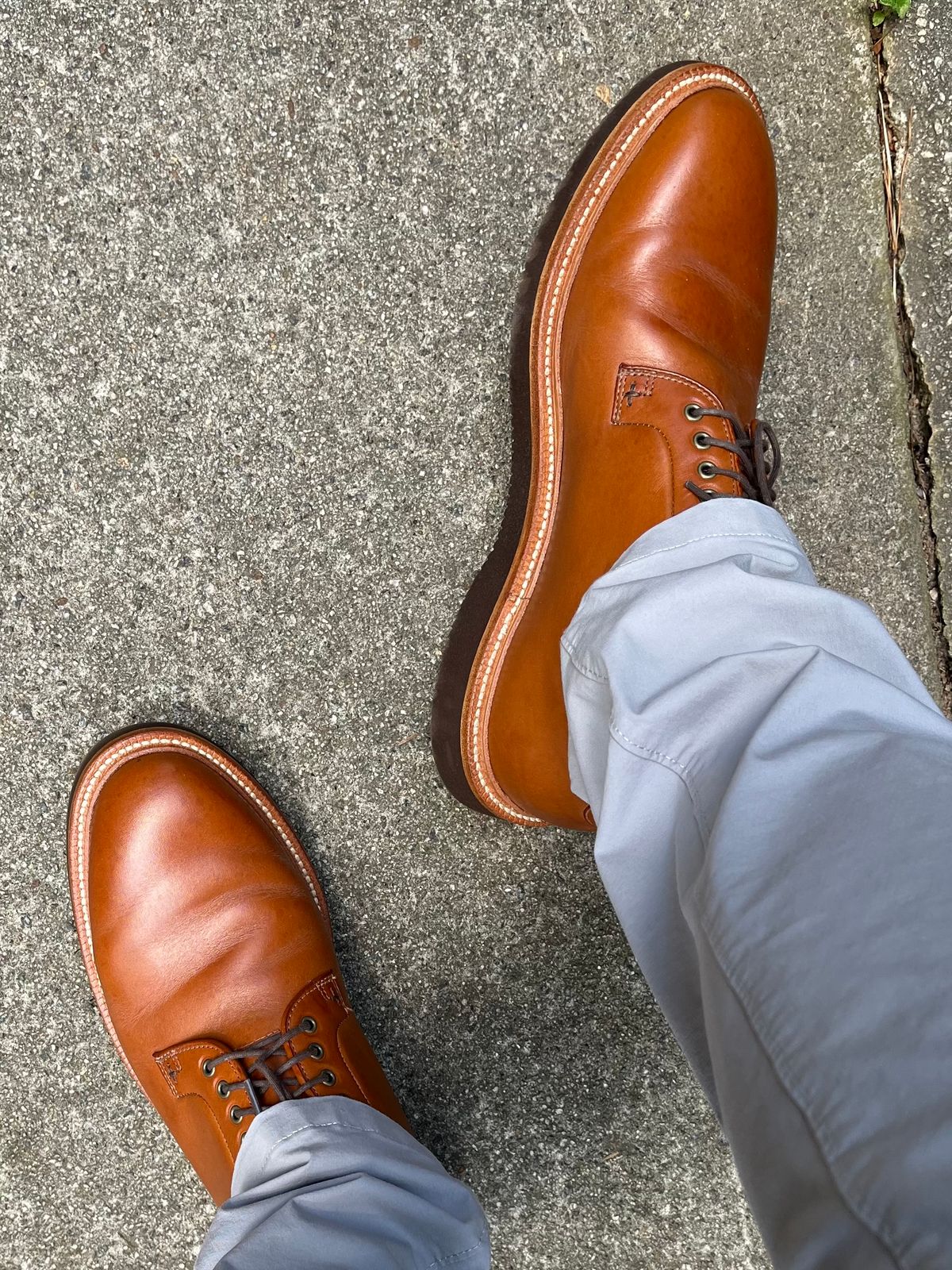 Photo by Bota71 on June 22, 2024 of the Grant Stone Plain Toe Blucher in Badalassi Carlo Saddle Tan Minerva.