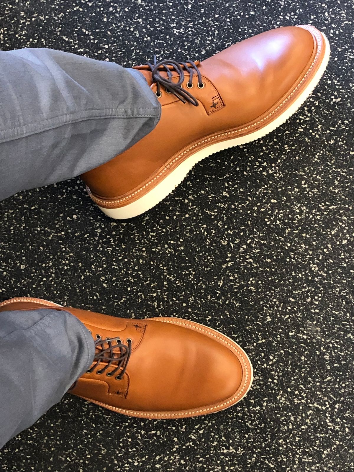 Photo by Bota71 on April 1, 2022 of the Grant Stone Plain Toe Blucher in Badalassi Carlo Saddle Tan Minerva.