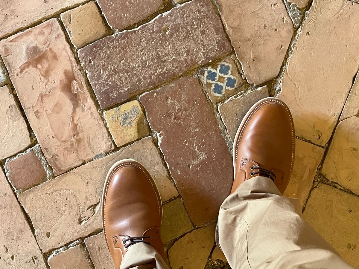 Photo by Bota71 on June 18, 2022 of the Grant Stone Plain Toe Blucher in Badalassi Carlo Saddle Tan Minerva.