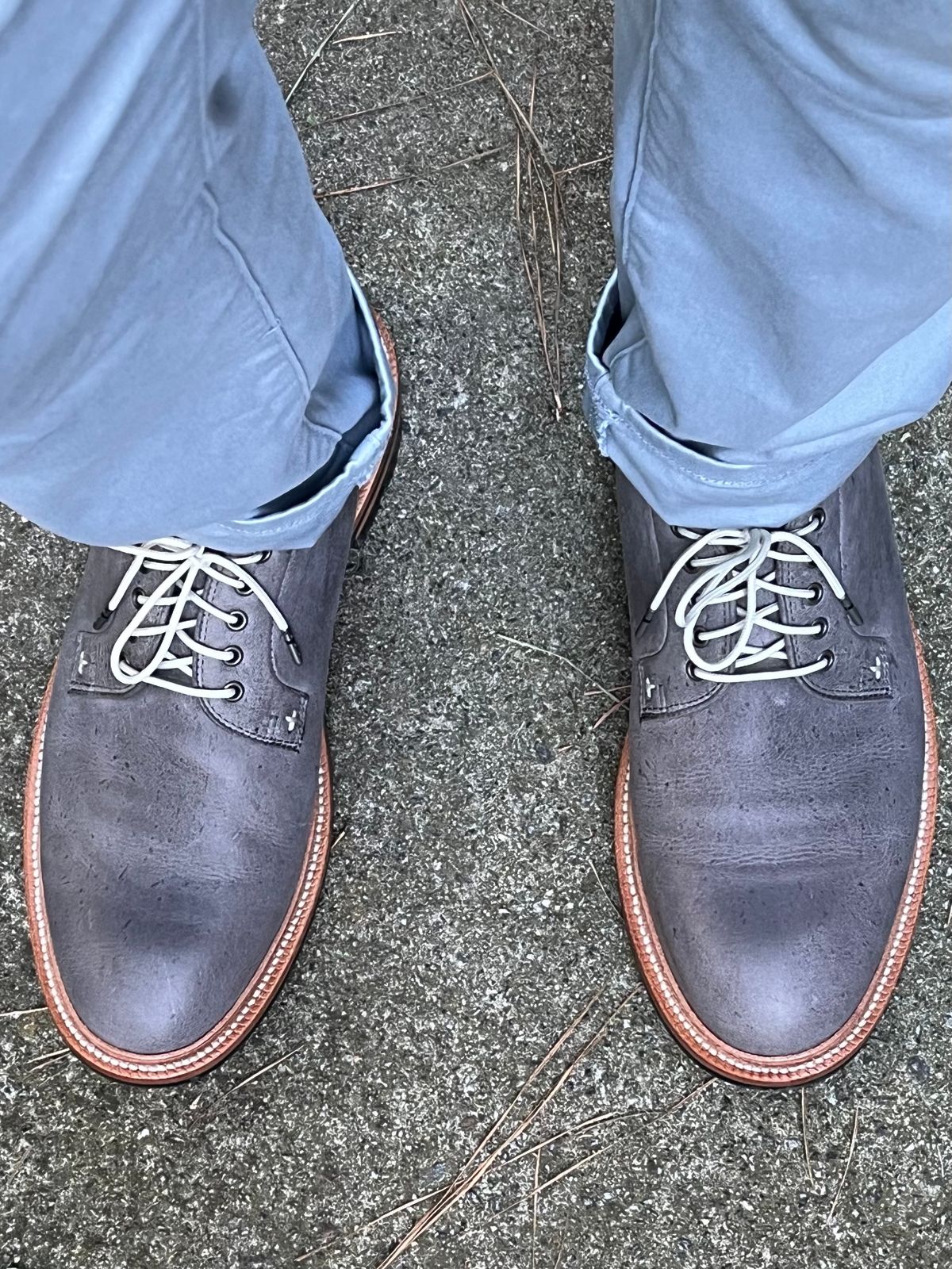 Photo by Bota71 on June 27, 2023 of the Grant Stone Plain Toe Blucher in C.F. Stead Storm Kudu.