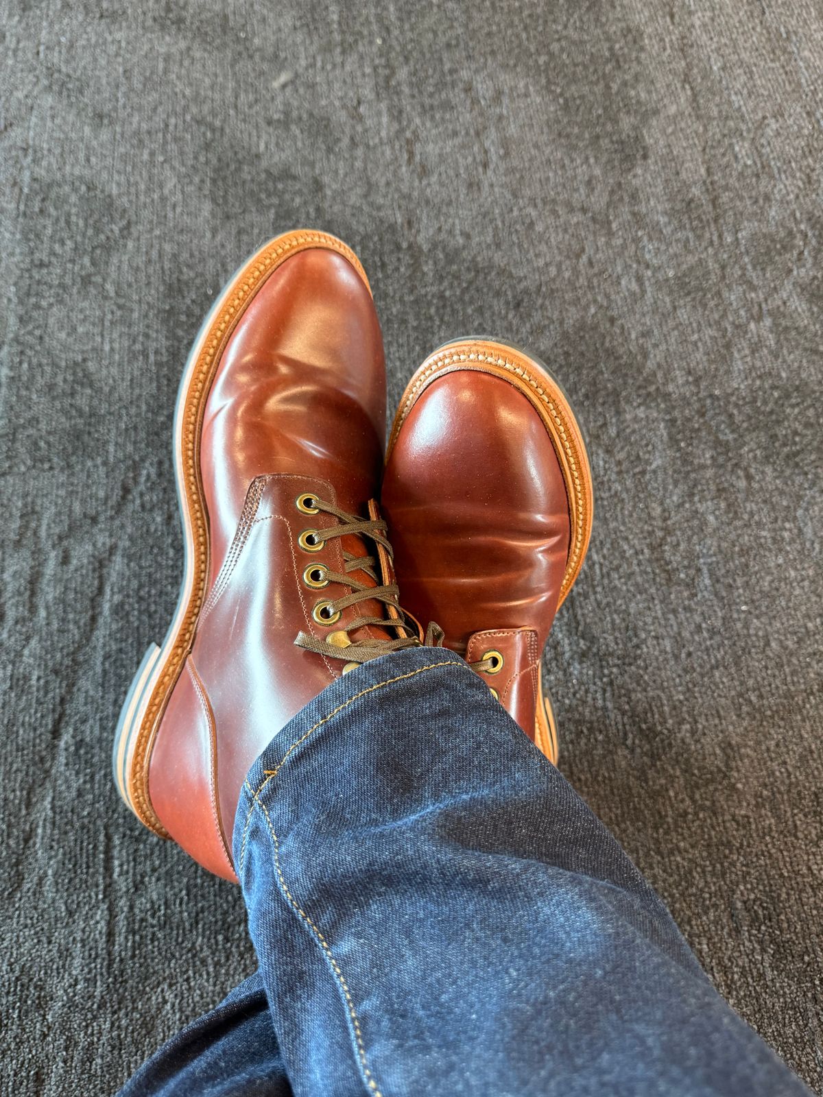 Photo by Bota71 on September 16, 2025 of the Grant Stone Diesel Boot in Horween Garnet Shell Cordovan.