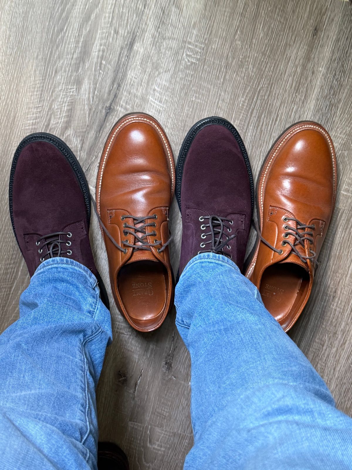 Photo by Bota71 on May 4, 2025 of the Grant Stone Plain Toe Blucher in Berry Suede.