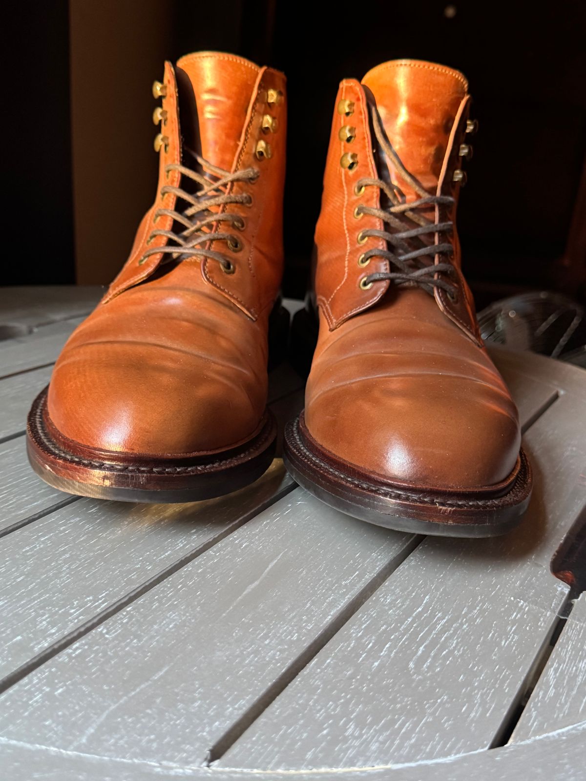 Photo by Bota71 on December 5, 2024 of the Grant Stone Edward Boot in Horween Honey Glazed Shell Cordovan.