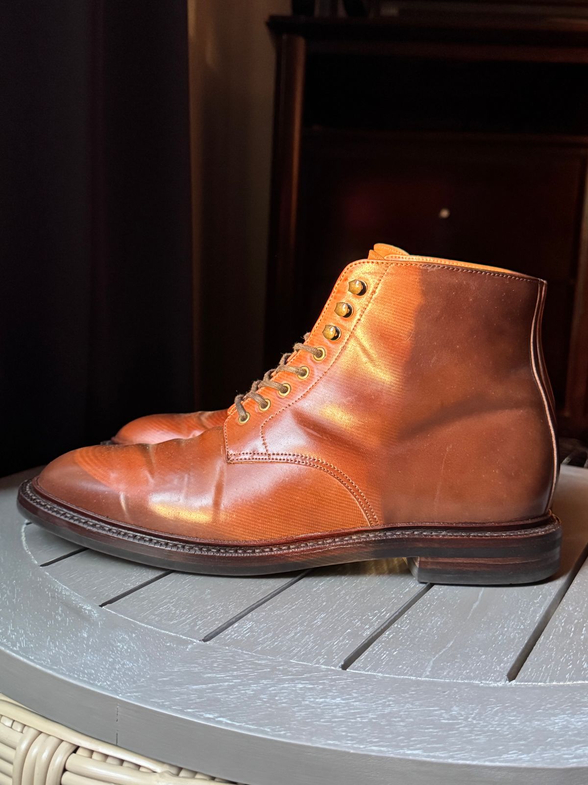 Photo by Bota71 on December 5, 2024 of the Grant Stone Edward Boot in Horween Honey Glazed Shell Cordovan.