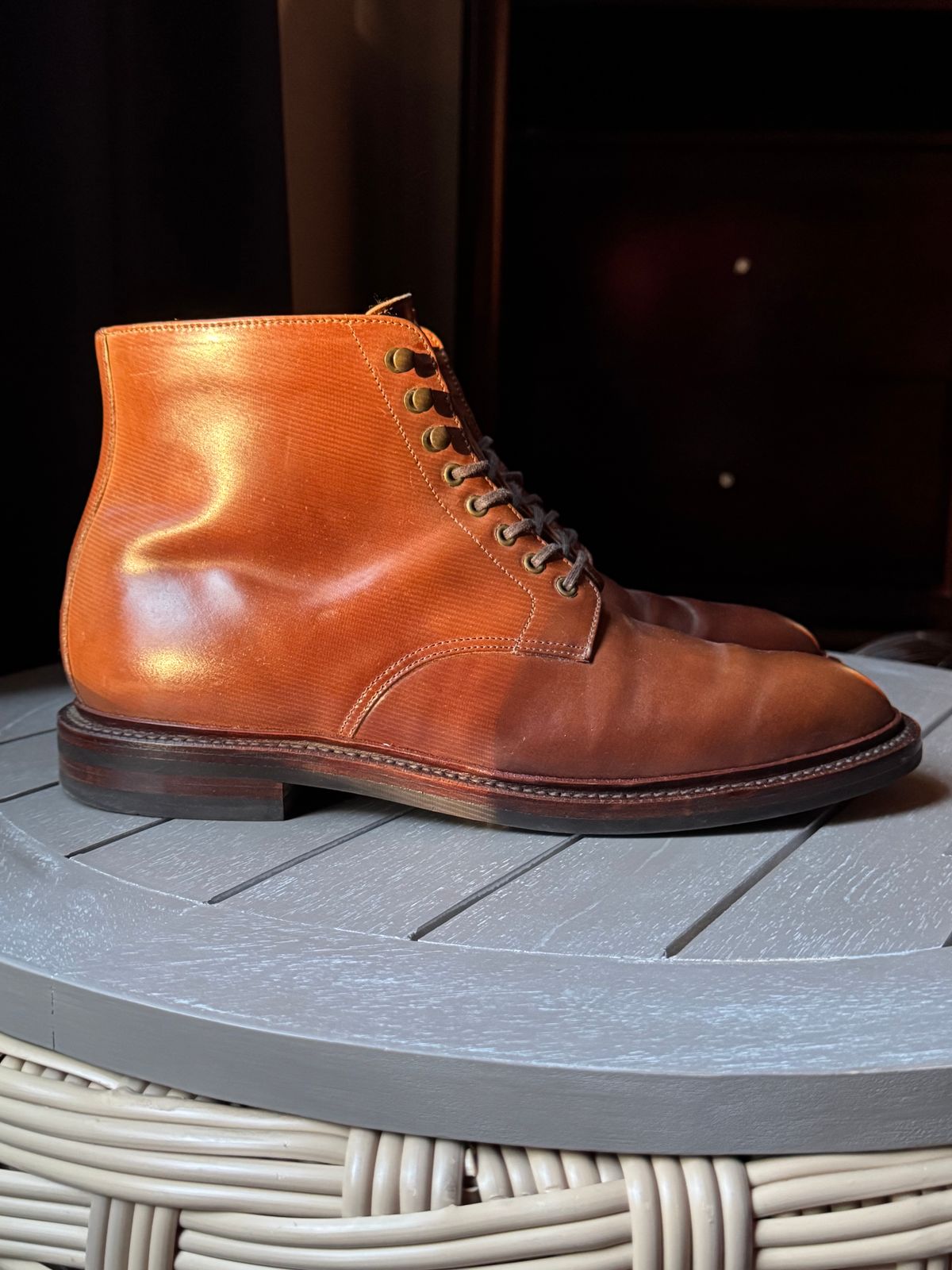 Photo by Bota71 on December 5, 2024 of the Grant Stone Edward Boot in Horween Honey Glazed Shell Cordovan.