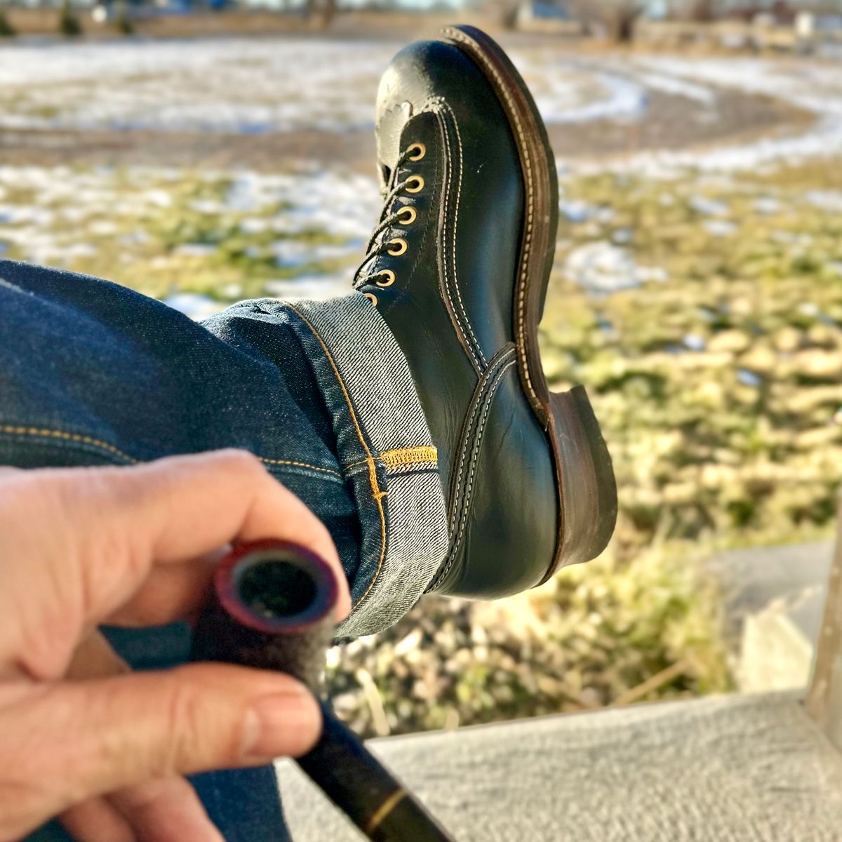 Photo by selvedge.and.boots on December 13, 2023 of the John Lofgren Donkey Puncher Boots in Horween Black Chromexcel.