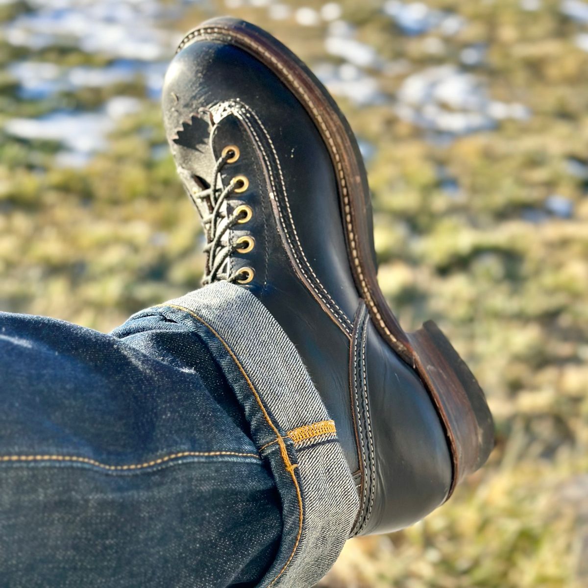 Photo by selvedge.and.boots on December 13, 2023 of the John Lofgren Donkey Puncher Boots in Horween Black Chromexcel.