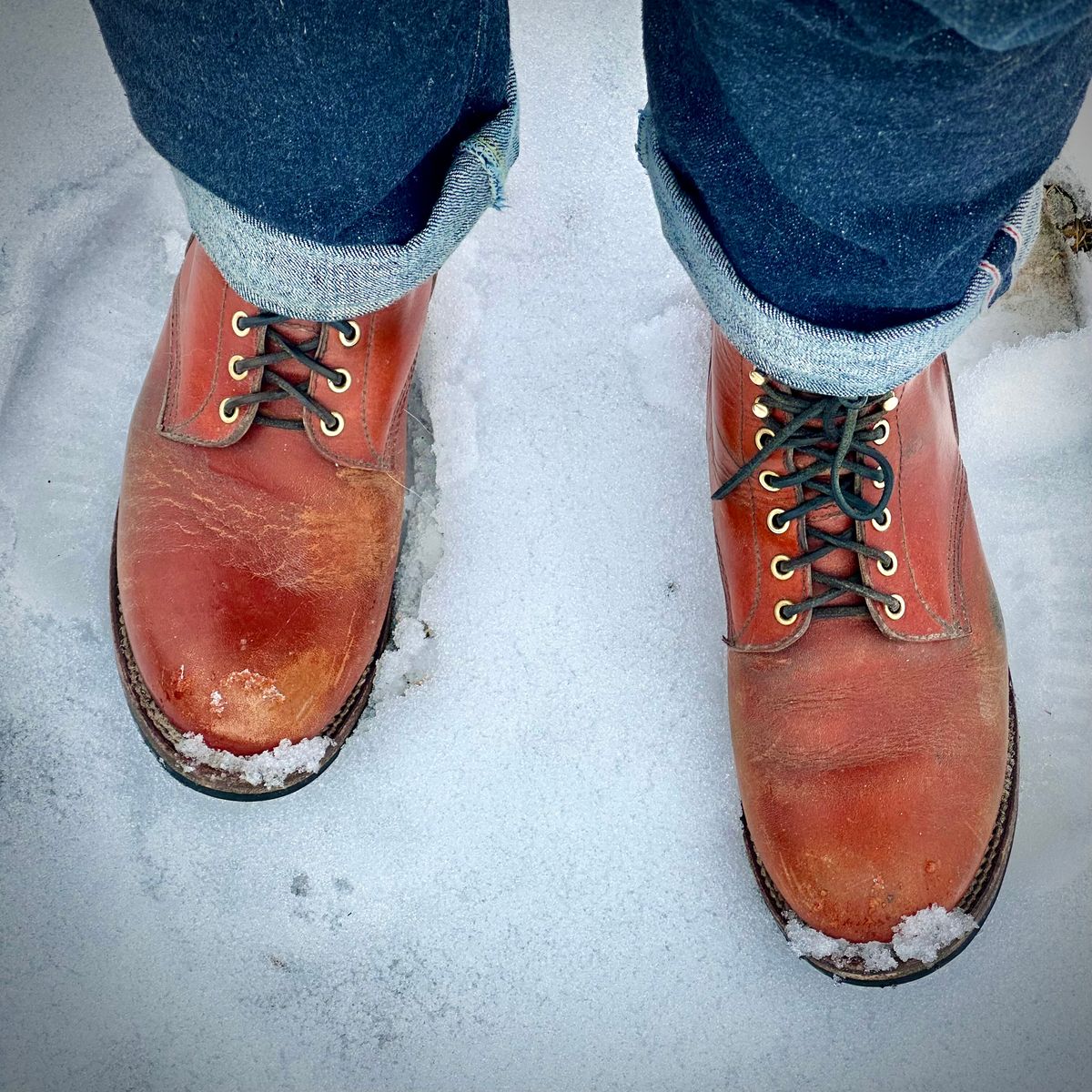 Photo by selvedge.and.boots on December 22, 2024 of the John Lofgren Steel Gang in Shinki Camel Horsebutt.