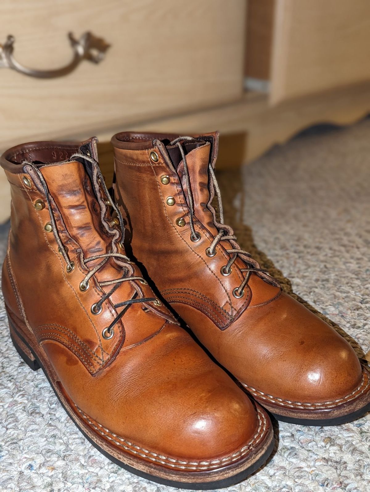 Photo by Briansbootpage on September 16, 2023 of the Nicks Lace Up Heritage in Wickett & Craig Natural Double Stuffed.