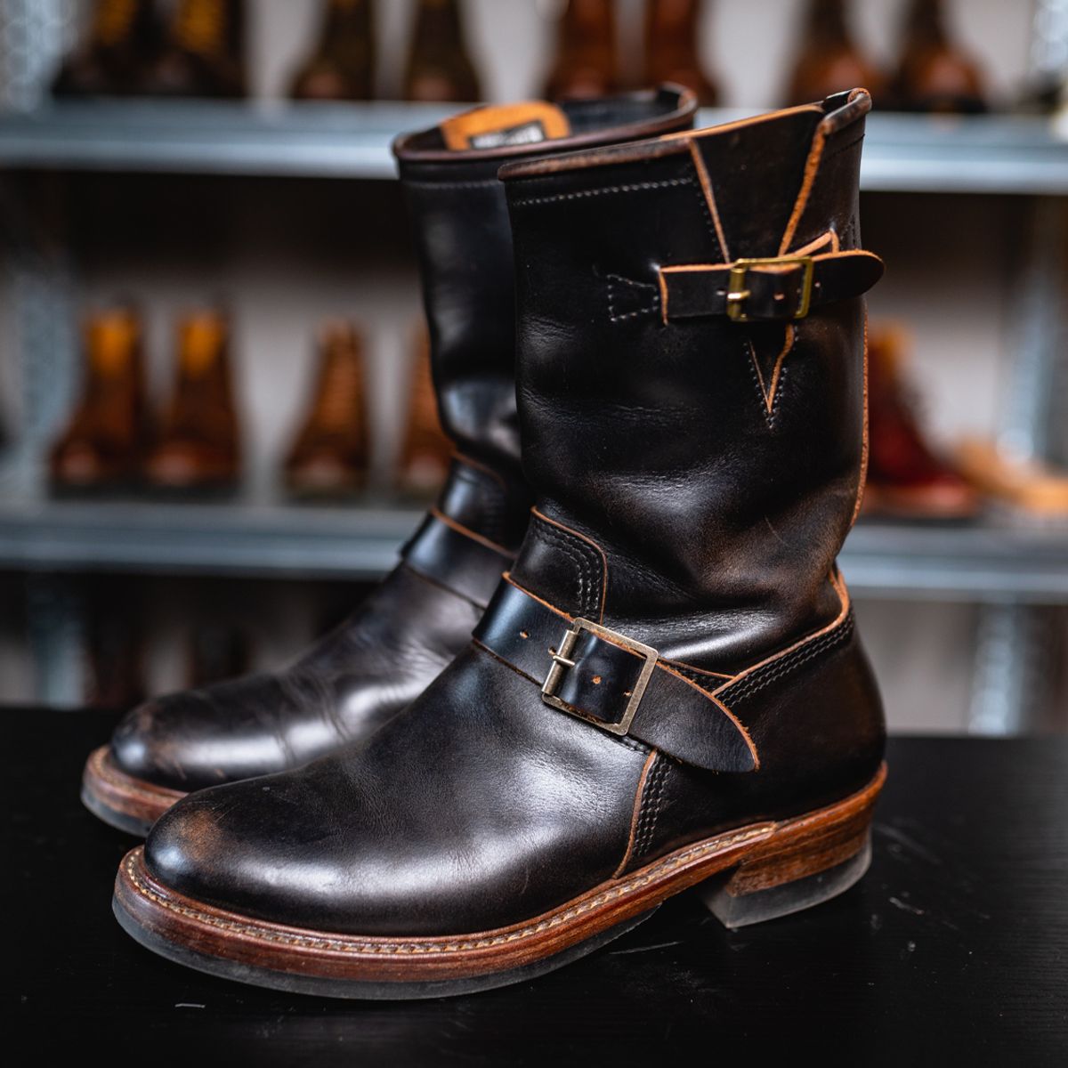 Photo by NeverGoneCG on October 9, 2020 of the John Lofgren Wabash Engineer Boots in Horween Black Chromexcel.