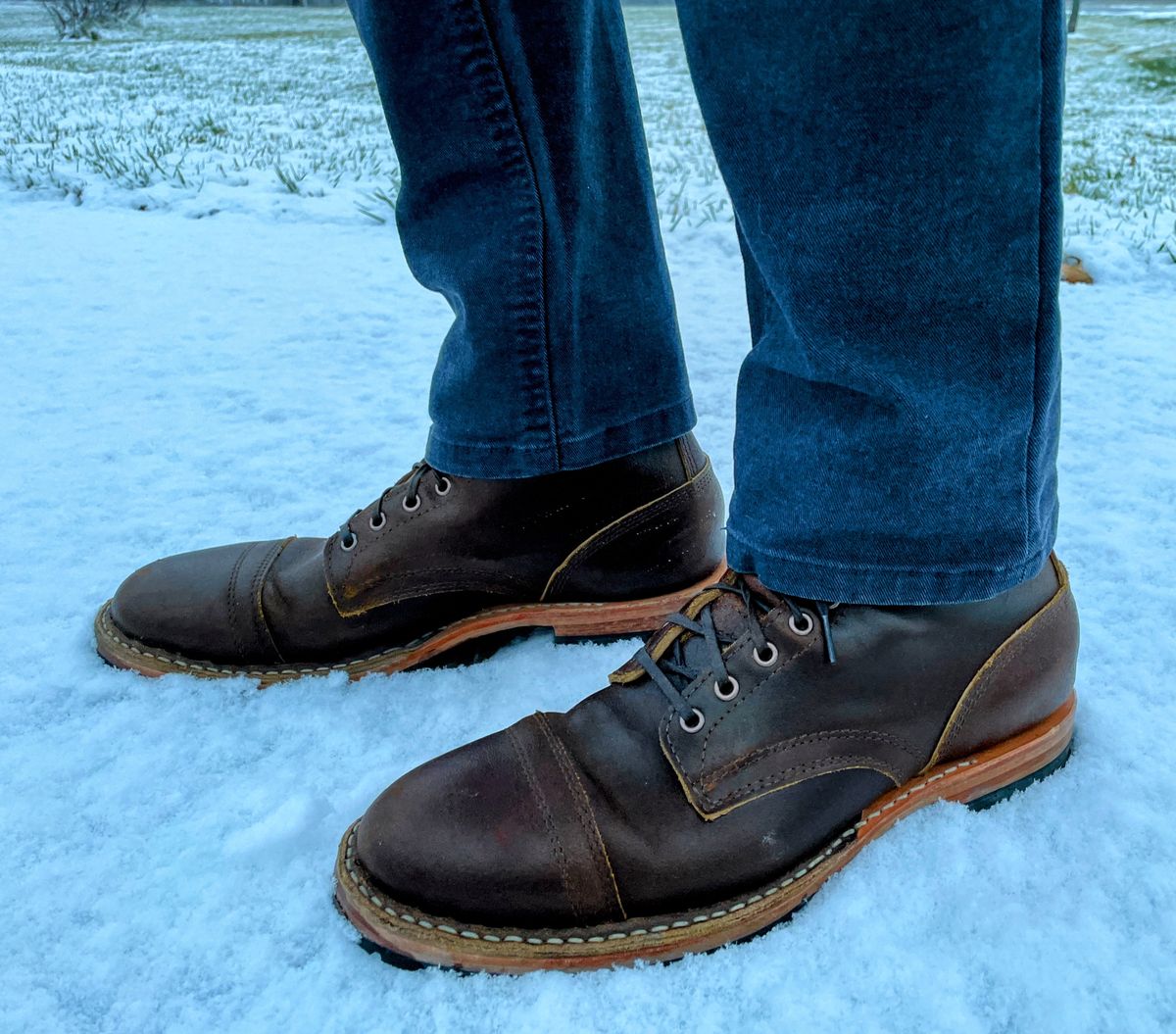 Photo by nucleardelorean on January 6, 2024 of the White's MP-Sherman Toe Cap in Horween Cinnamon Waxed Flesh.