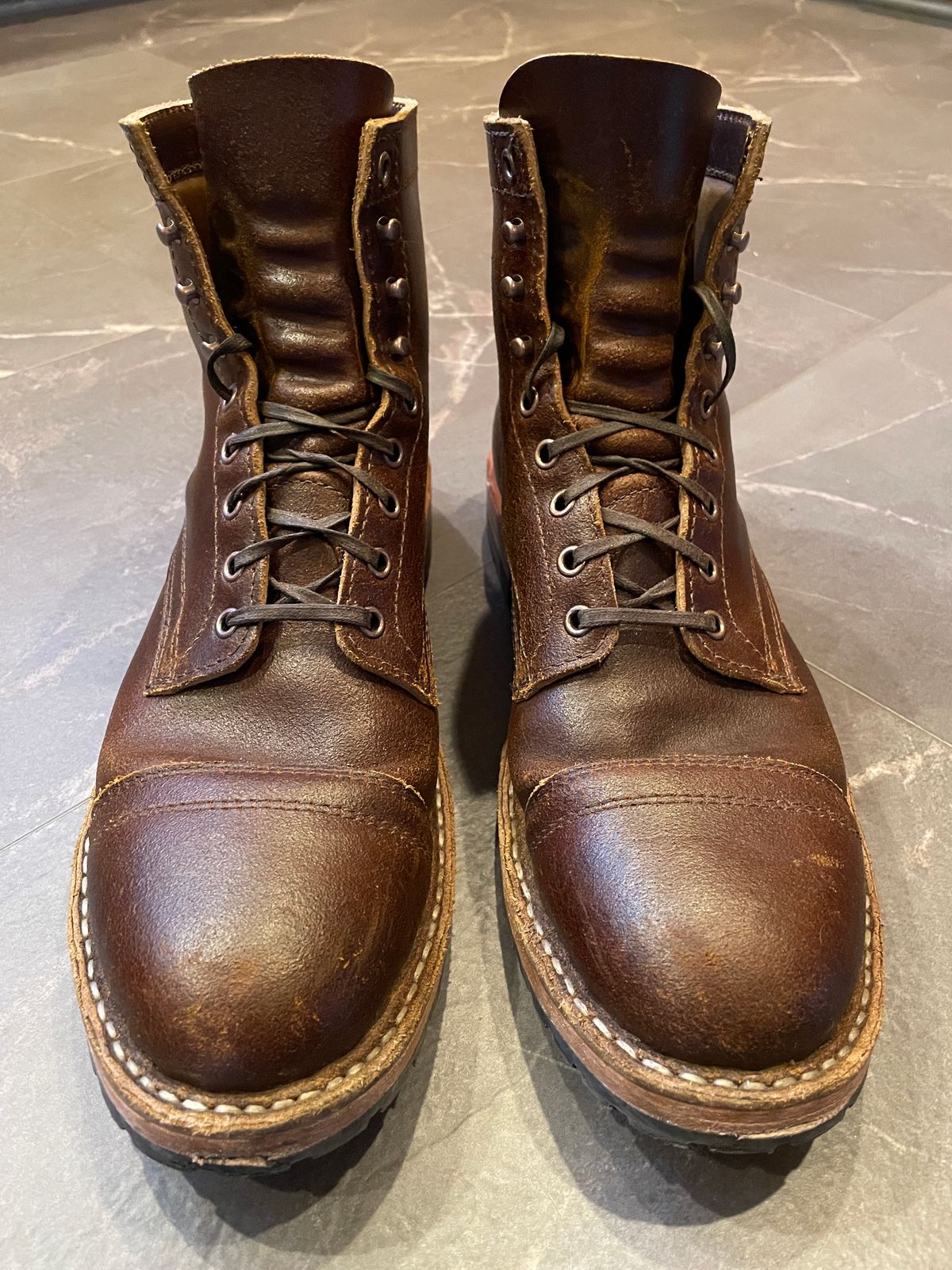 Photo by nucleardelorean on January 6, 2024 of the White's MP-Sherman Toe Cap in Horween Cinnamon Waxed Flesh.
