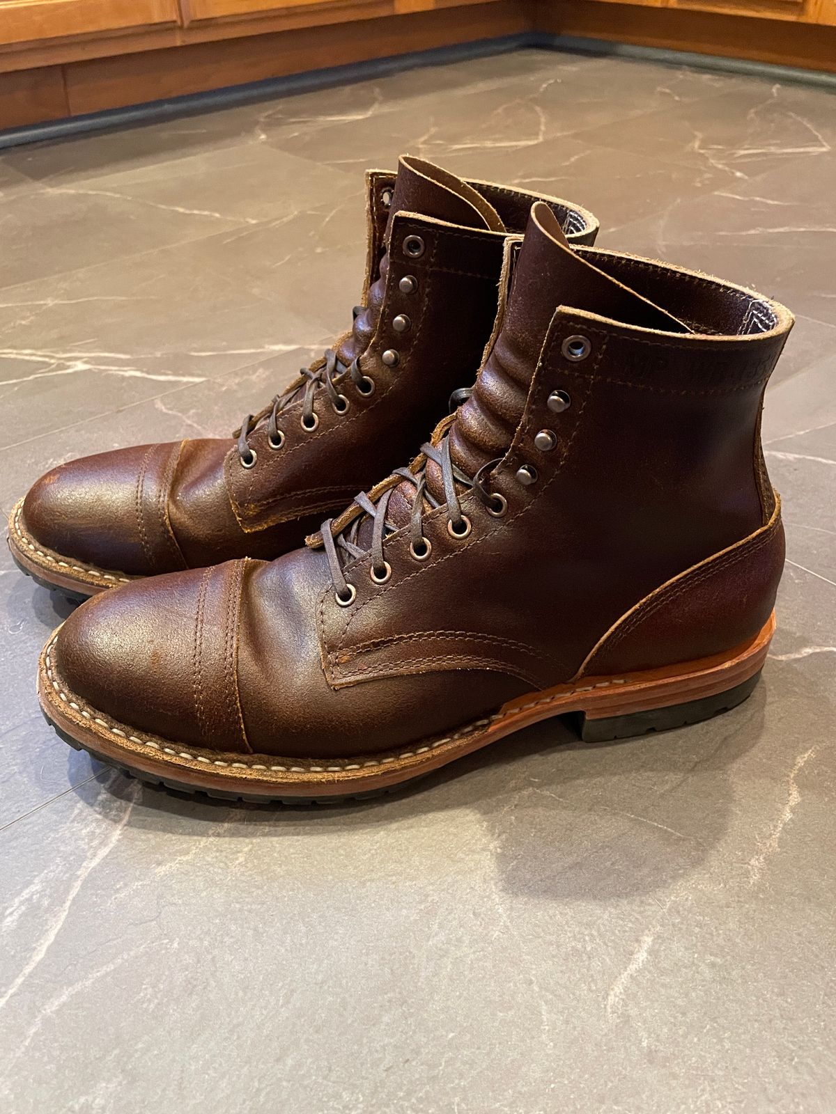 Photo by nucleardelorean on January 6, 2024 of the White's MP-Sherman Toe Cap in Horween Cinnamon Waxed Flesh.