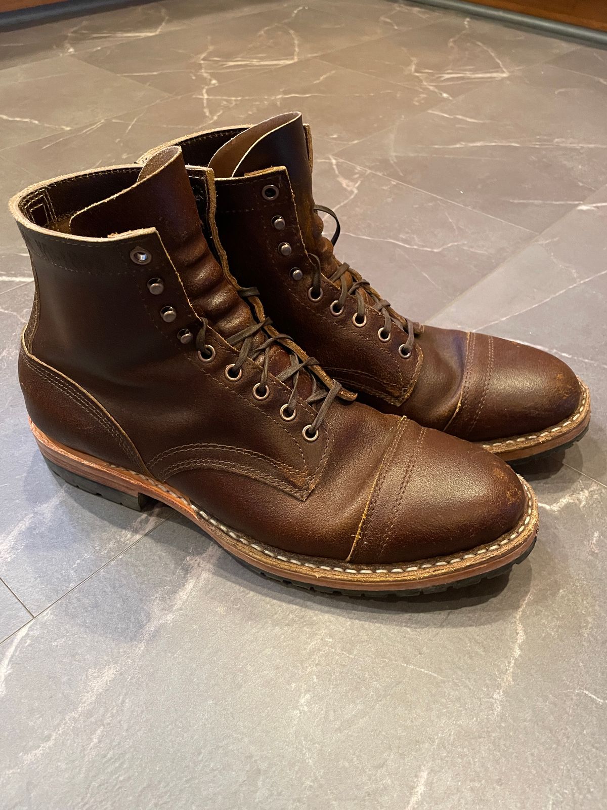 Photo by nucleardelorean on January 6, 2024 of the White's MP-Sherman Toe Cap in Horween Cinnamon Waxed Flesh.
