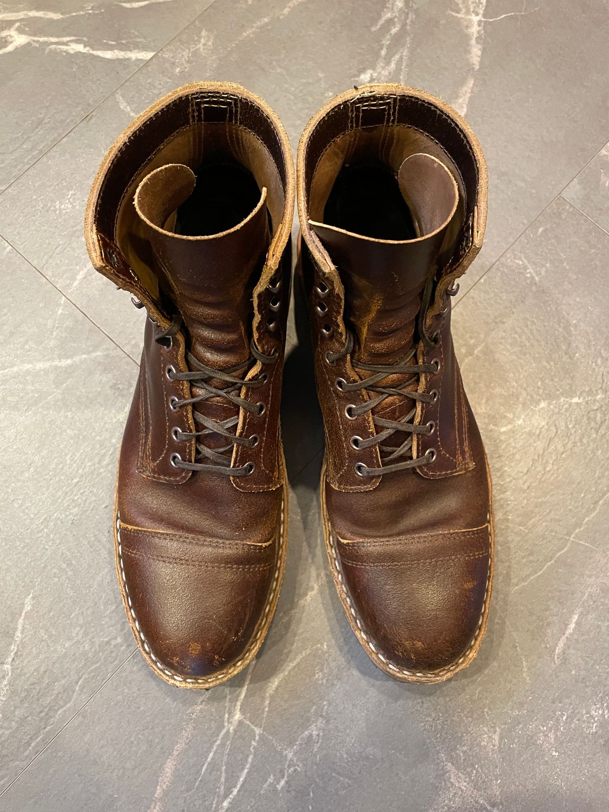 Photo by nucleardelorean on January 6, 2024 of the White's MP-Sherman Toe Cap in Horween Cinnamon Waxed Flesh.