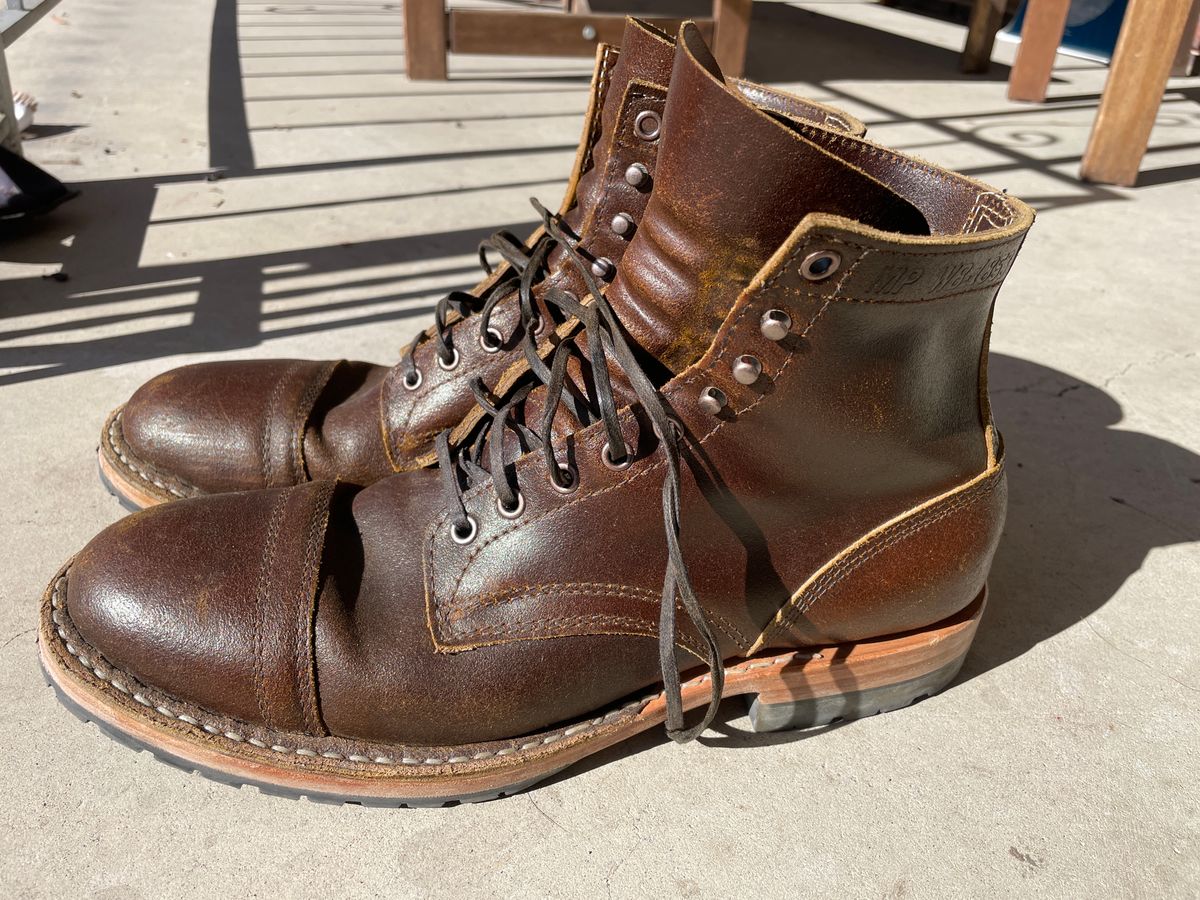 Photo by nucleardelorean on February 5, 2024 of the White's MP-Sherman Toe Cap in Horween Cinnamon Waxed Flesh.