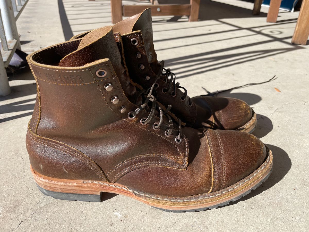 Photo by nucleardelorean on February 5, 2024 of the White's MP-Sherman Toe Cap in Horween Cinnamon Waxed Flesh.