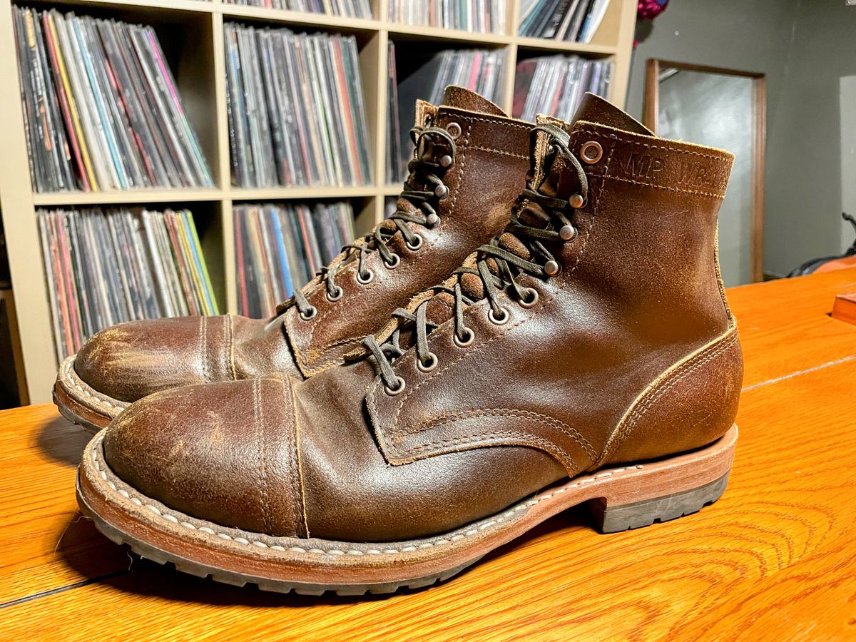 Photo by nucleardelorean on April 6, 2024 of the White's MP-Sherman Toe Cap in Horween Cinnamon Waxed Flesh.