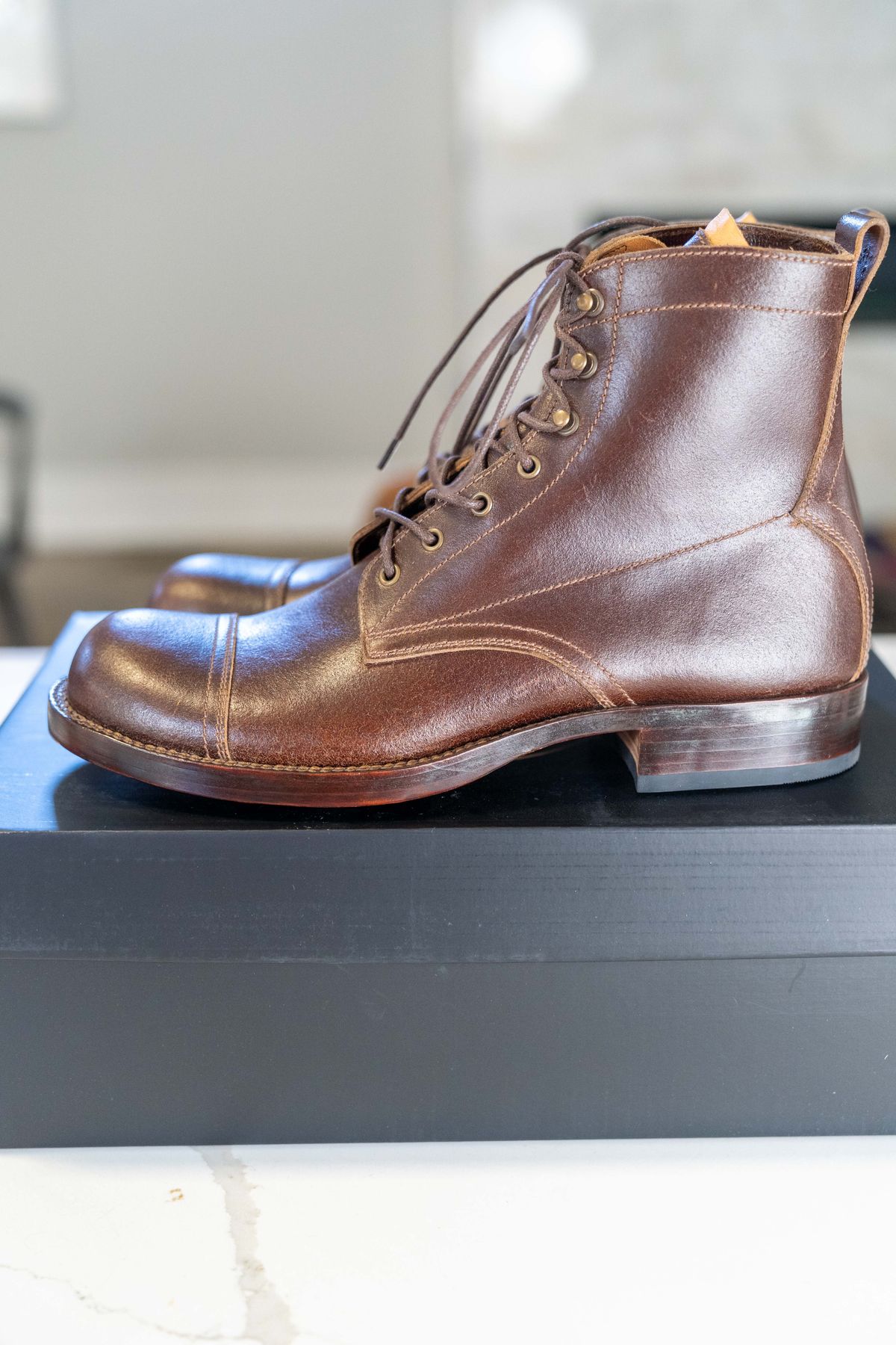 Photo by varnu on October 2, 2025 of the Caswell Boot Company x Fortis in Horween Tan Waxed Flesh.