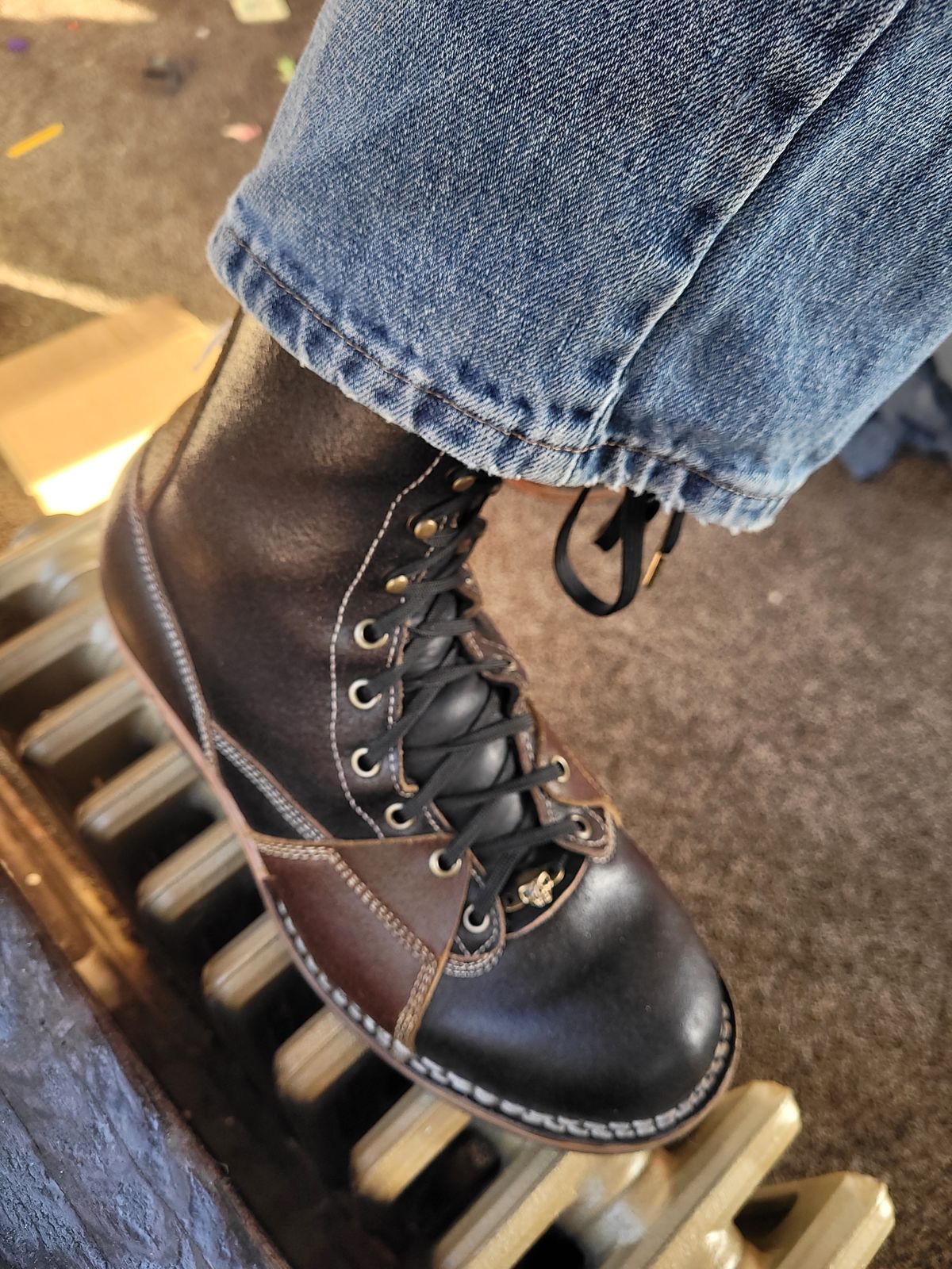 Photo by Schmittworks on October 9, 2024 of the Frank's Boots Lace-To-Toe in Horween Black Waxed Flesh & Horween Cinnamon Waxed Flesh.