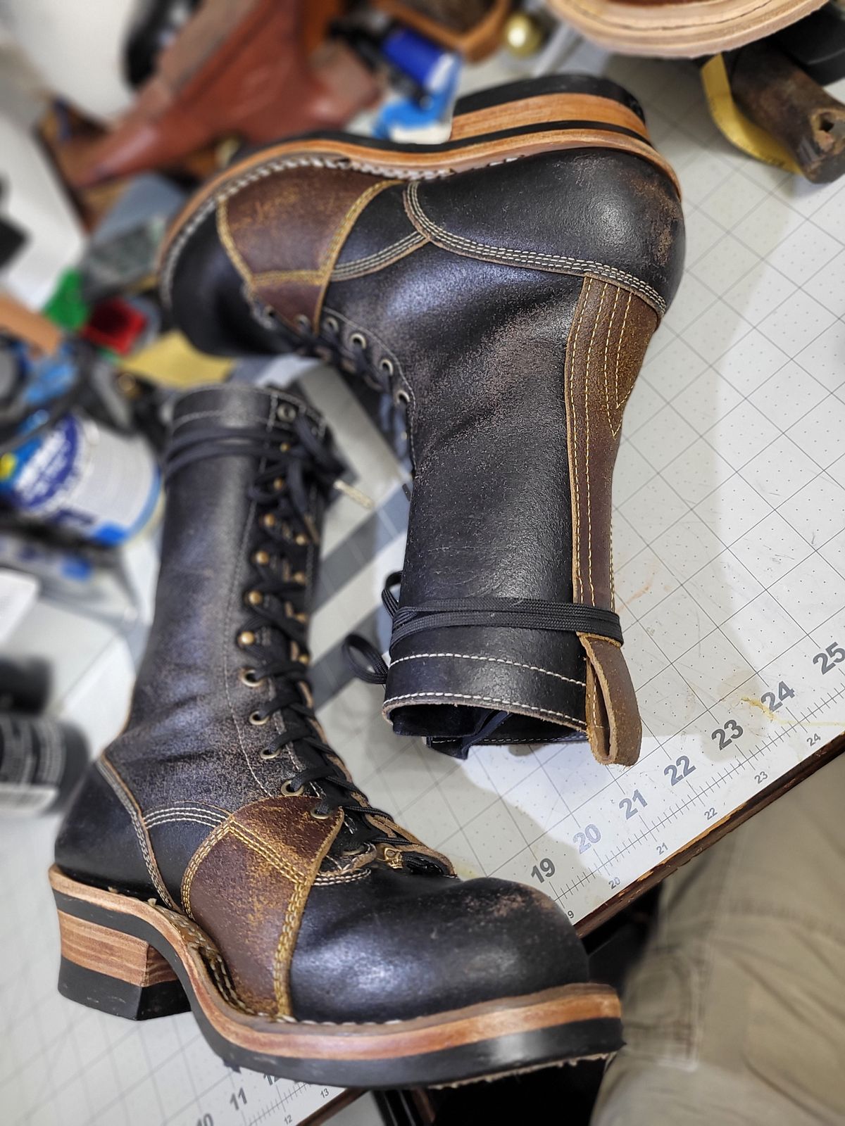Photo by Schmittworks on December 11, 2024 of the Frank's Boots Lace-To-Toe in Horween Black Waxed Flesh & Horween Cinnamon Waxed Flesh.