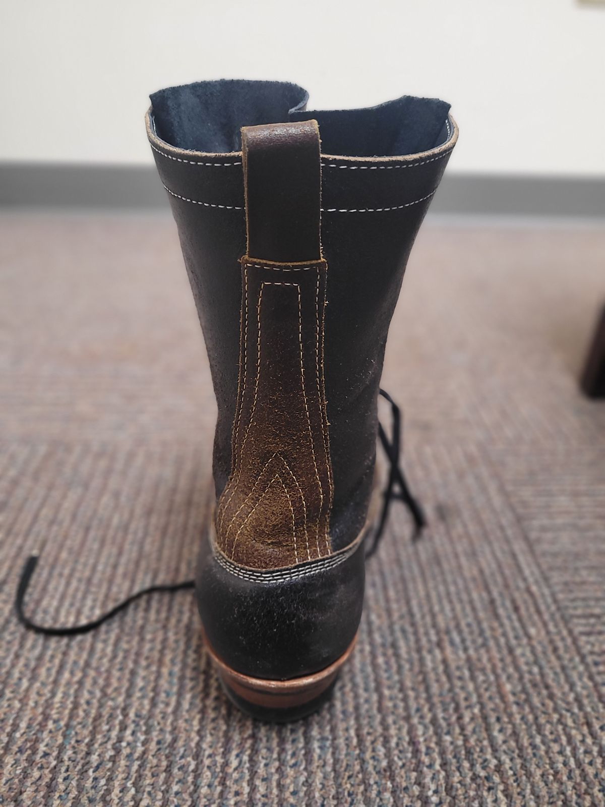 Photo by Schmittworks on January 14, 2025 of the Frank's Boots Lace-To-Toe in Horween Black Waxed Flesh & Horween Cinnamon Waxed Flesh.