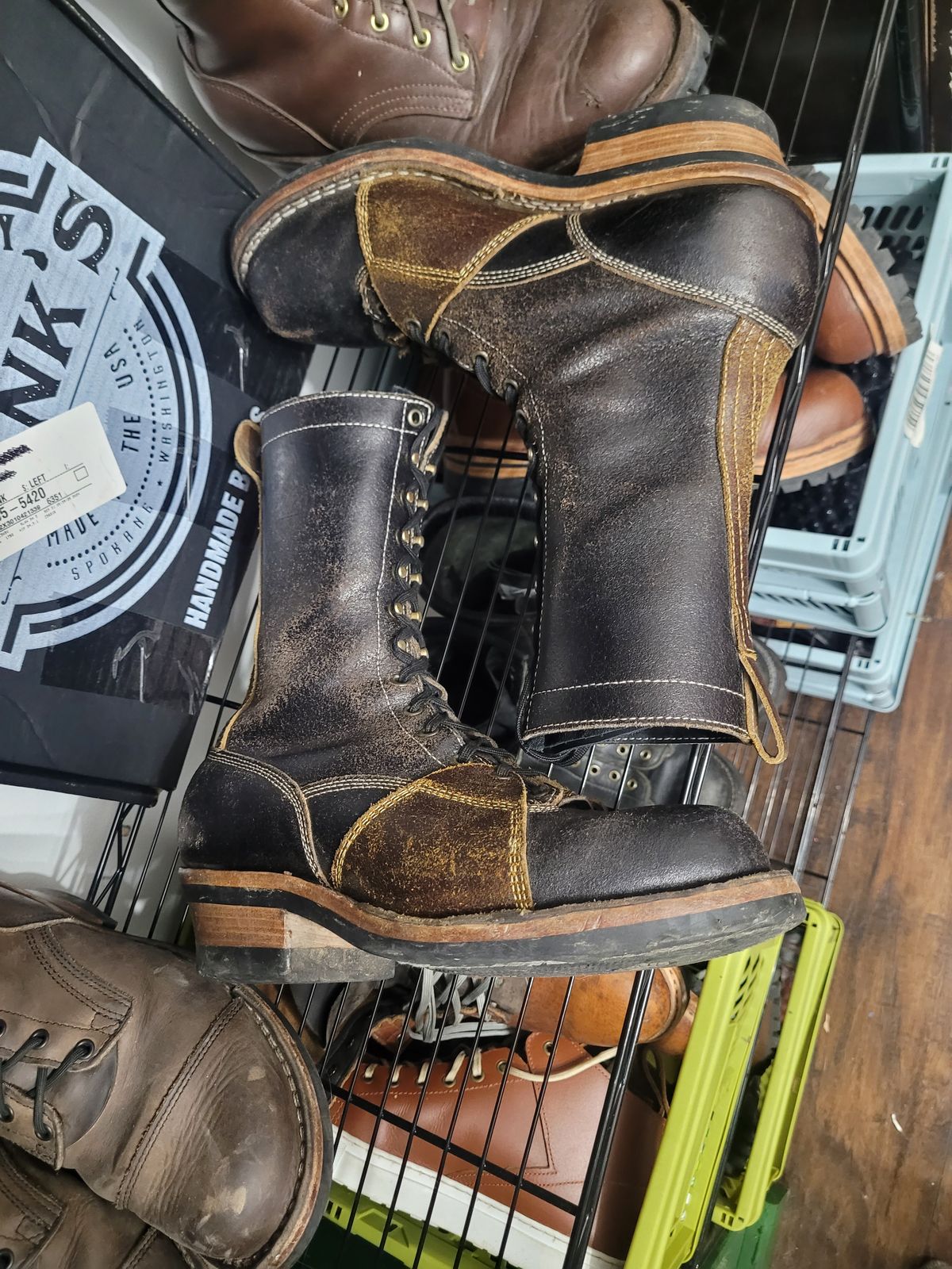 Photo by Schmittworks on February 26, 2025 of the Frank's Boots Lace-To-Toe in Horween Black Waxed Flesh & Horween Cinnamon Waxed Flesh.