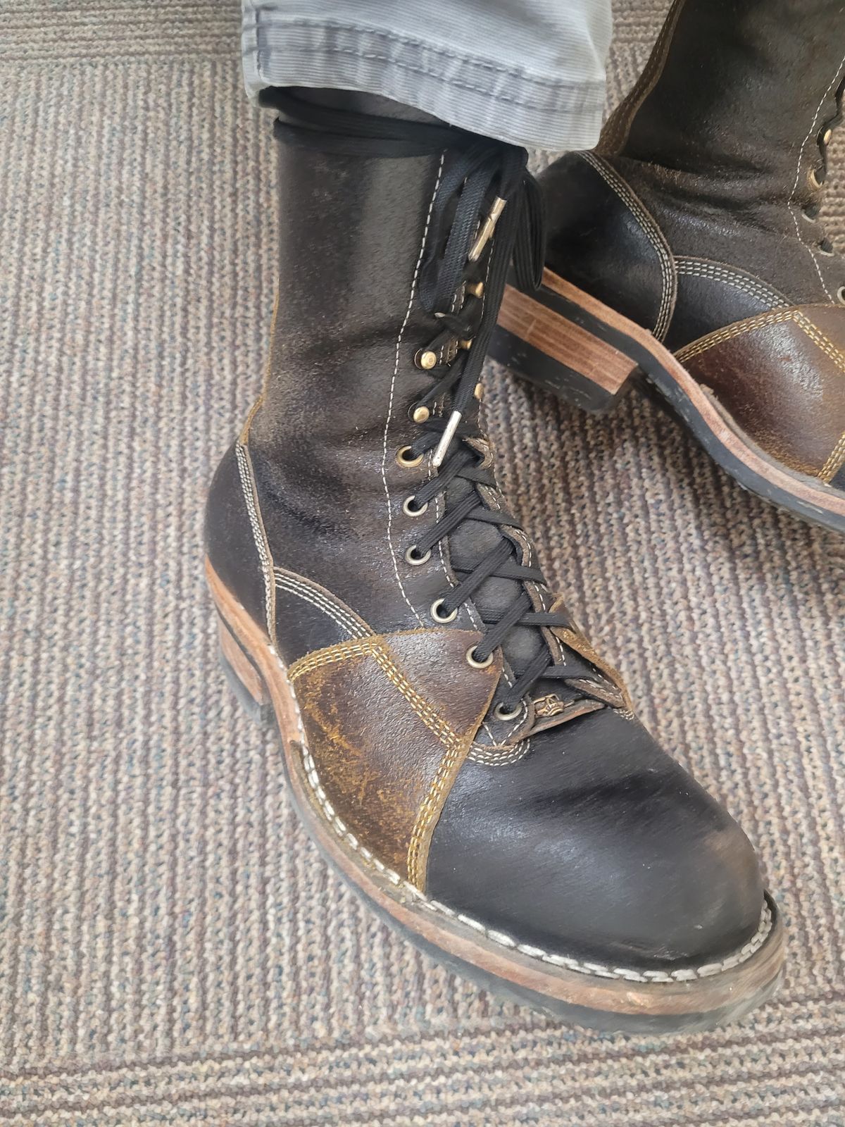Photo by Schmittworks on March 24, 2025 of the Frank's Boots Lace-To-Toe in Horween Black Waxed Flesh & Horween Cinnamon Waxed Flesh.