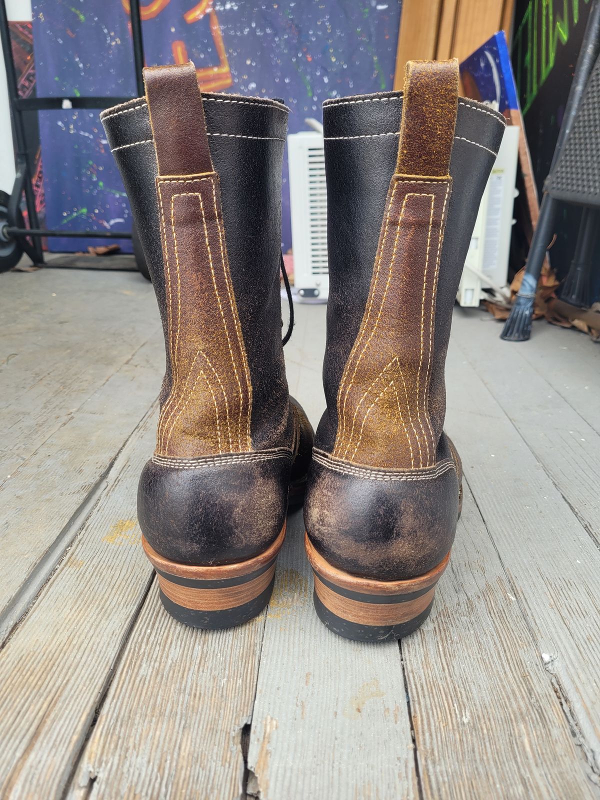 Photo by Schmittworks on March 30, 2025 of the Frank's Boots Lace-To-Toe in Horween Black Waxed Flesh & Horween Cinnamon Waxed Flesh.