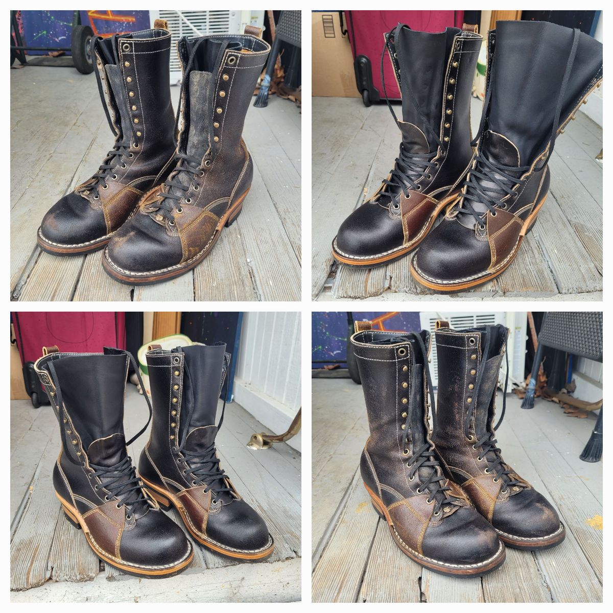 Photo by Schmittworks on March 30, 2025 of the Frank's Boots Lace-To-Toe in Horween Black Waxed Flesh & Horween Cinnamon Waxed Flesh.