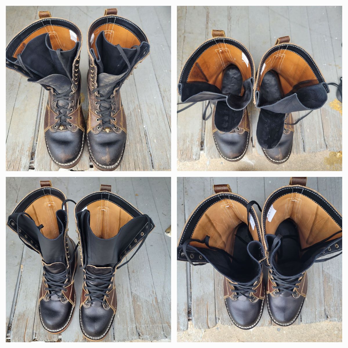 Photo by Schmittworks on March 30, 2025 of the Frank's Boots Lace-To-Toe in Horween Black Waxed Flesh & Horween Cinnamon Waxed Flesh.