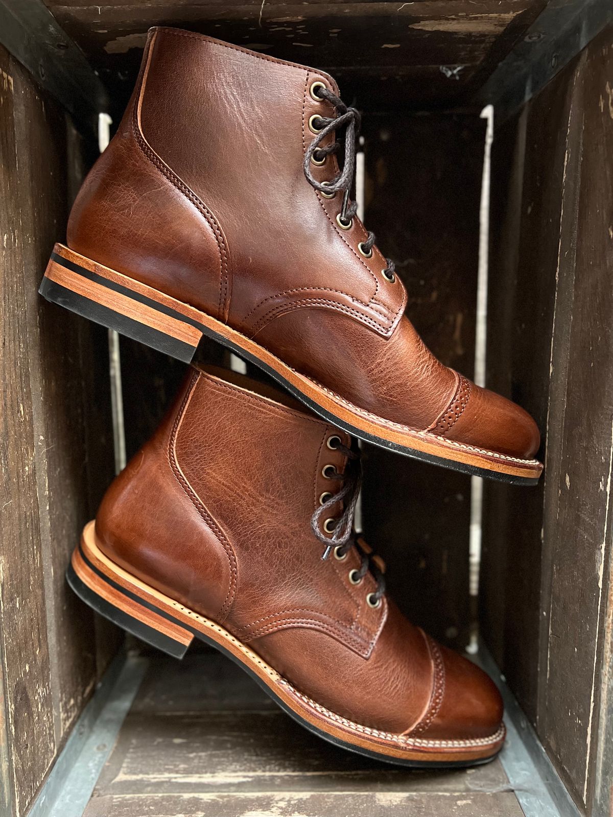Photo by Nerdin.with.Boots on October 1, 2022 of the Viberg Service Boot BCT in Horween Mocha Vintage.