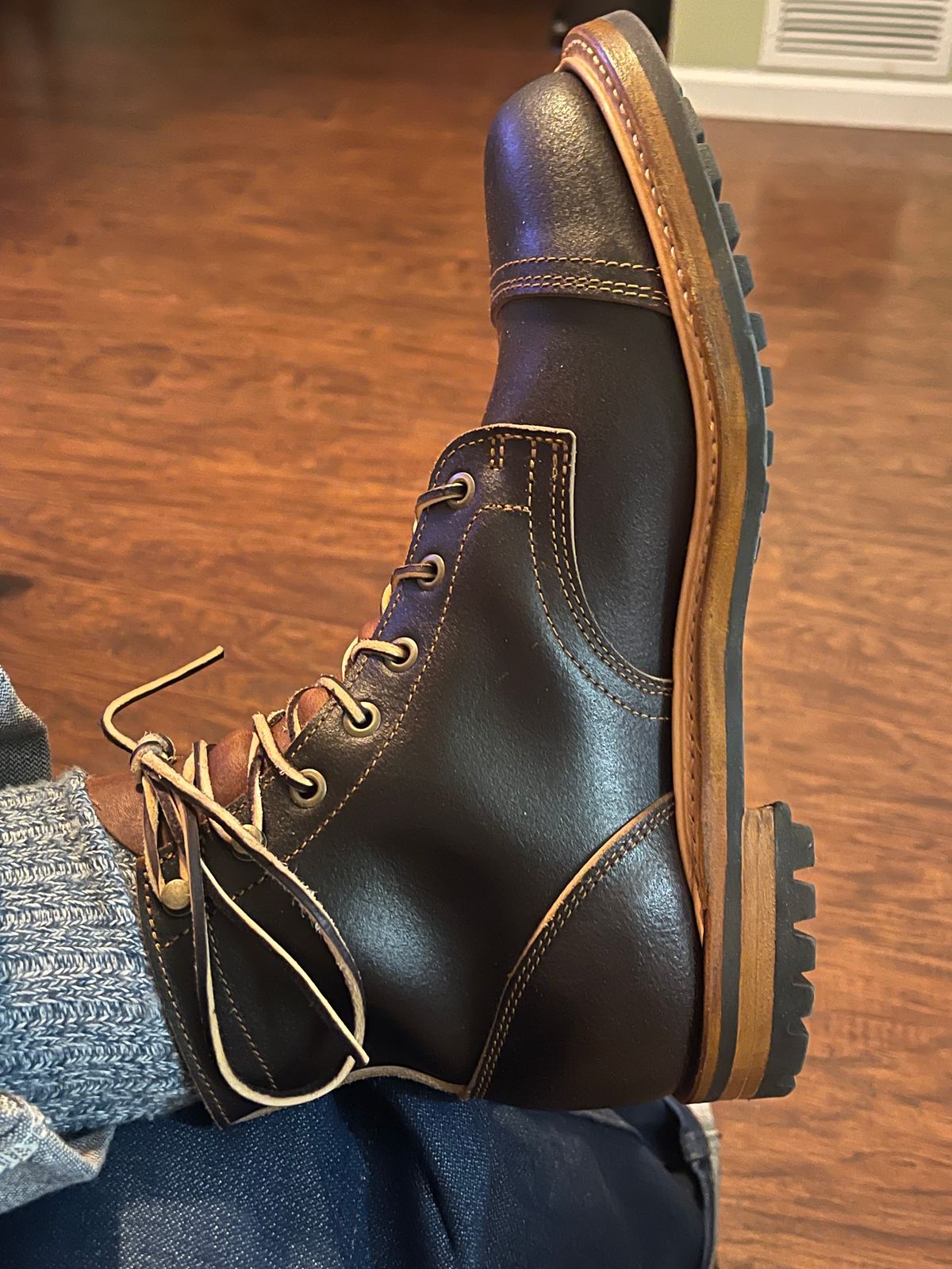 Photo by MRivera4396 on February 19, 2024 of the Truman Cap Toe Boot in Horween Java Waxed Flesh.