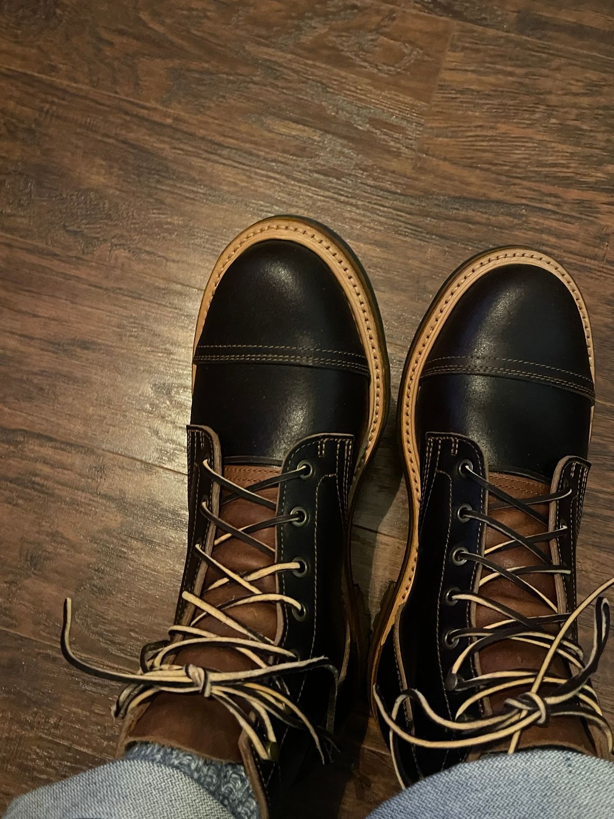 Photo by MRivera4396 on February 19, 2024 of the Truman Cap Toe Boot in Horween Java Waxed Flesh.