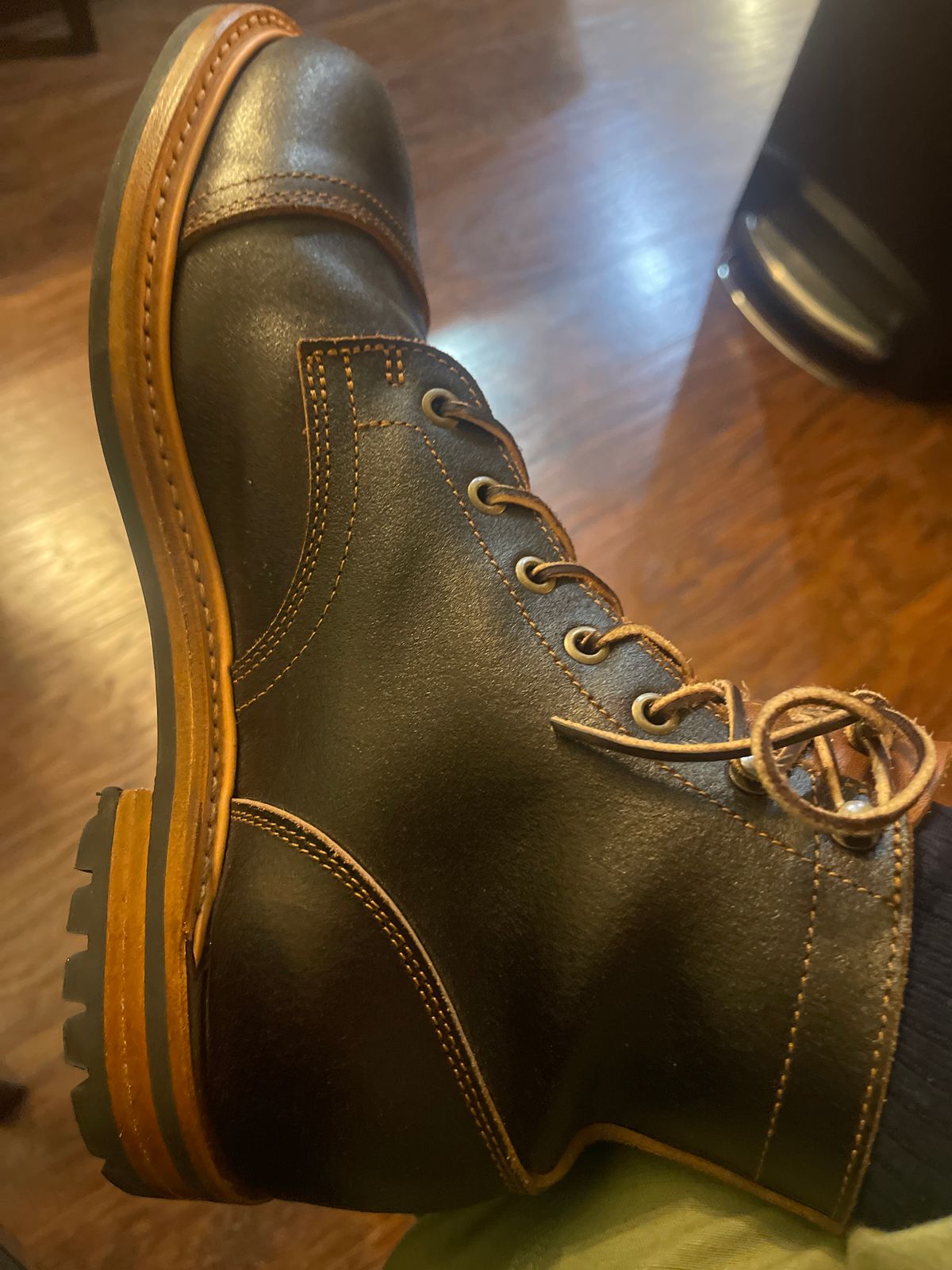 Photo by MRivera4396 on November 29, 2024 of the Truman Cap Toe Boot in Horween Java Waxed Flesh.