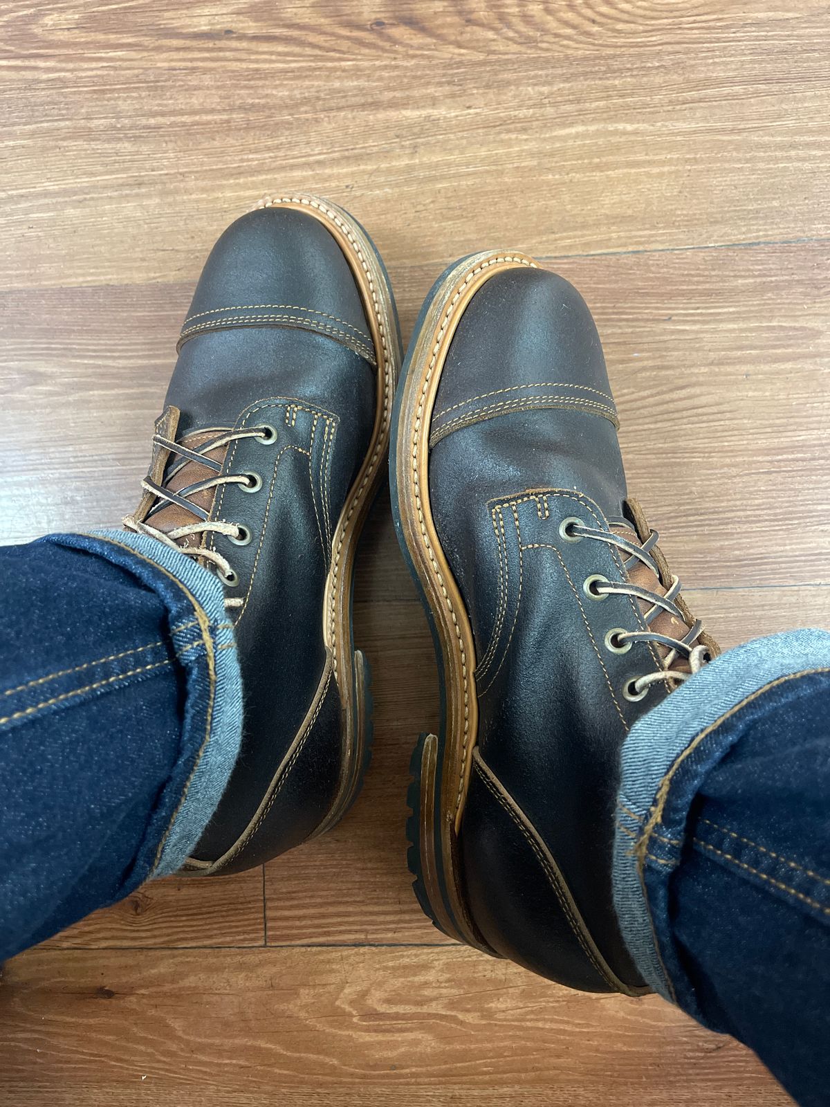 Photo by MRivera4396 on November 12, 2025 of the Truman Cap Toe Boot in Horween Java Waxed Flesh.