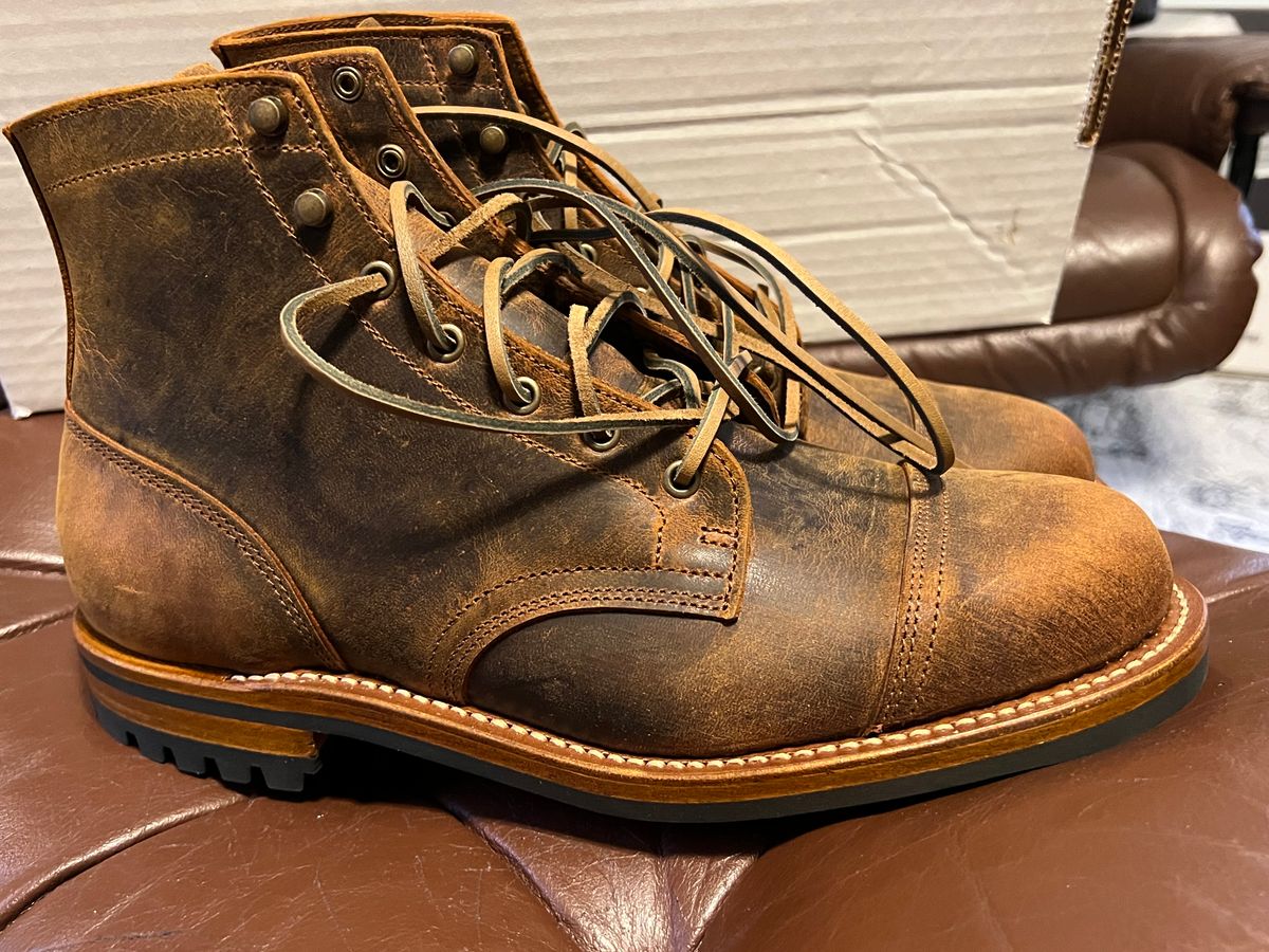 Photo by burrinboots on October 1, 2024 of the Truman Cap Toe Boot in Gallun Cognac Teton Stag.