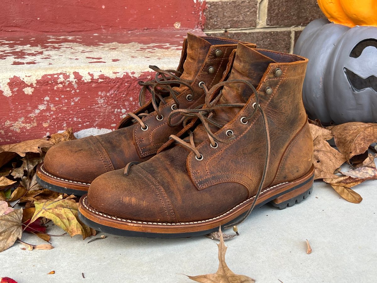 Photo by burrinboots on November 2, 2024 of the Truman Cap Toe Boot in Gallun Cognac Teton Stag.