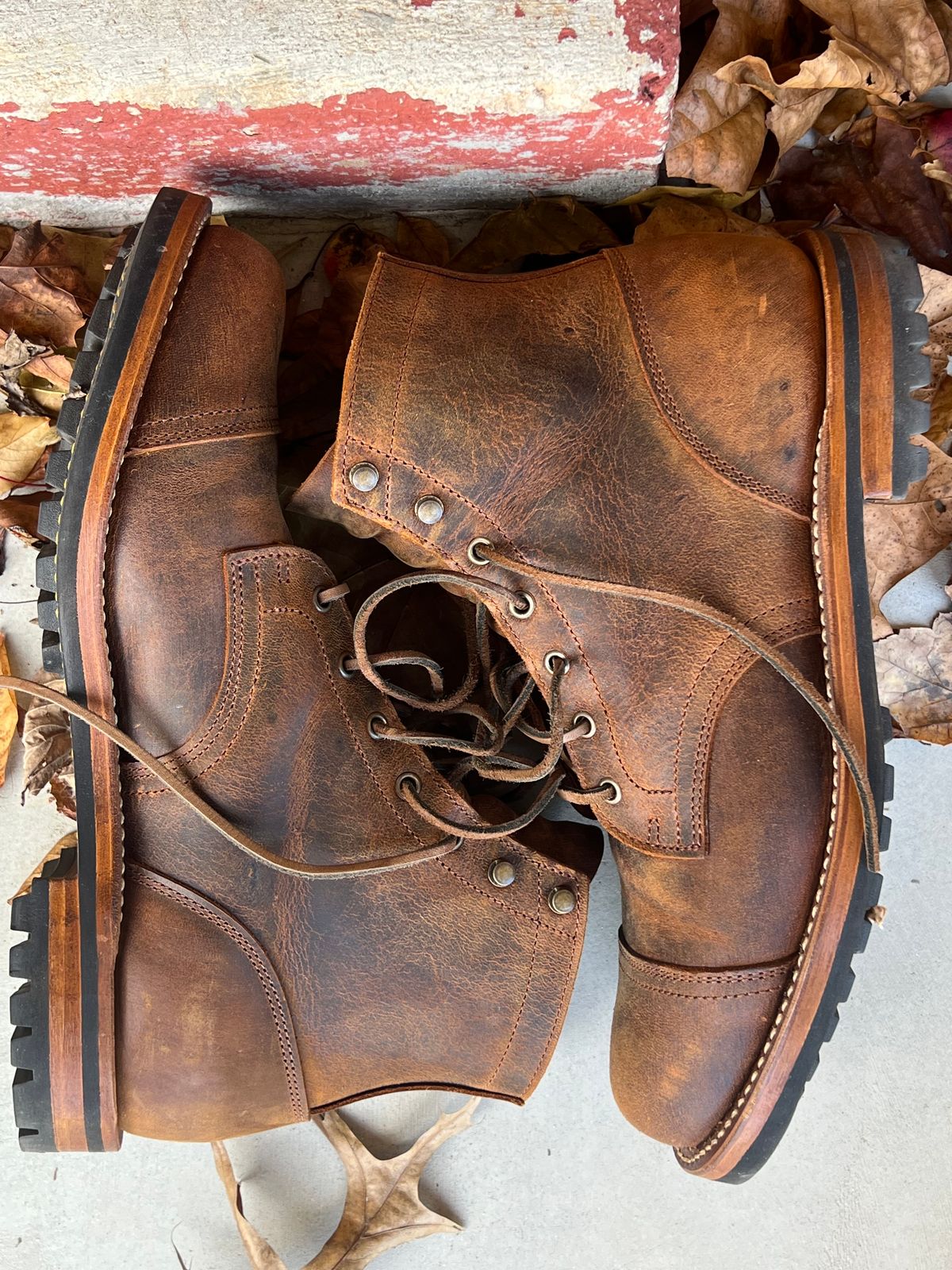 Photo by burrinboots on November 2, 2024 of the Truman Cap Toe Boot in Gallun Cognac Teton Stag.