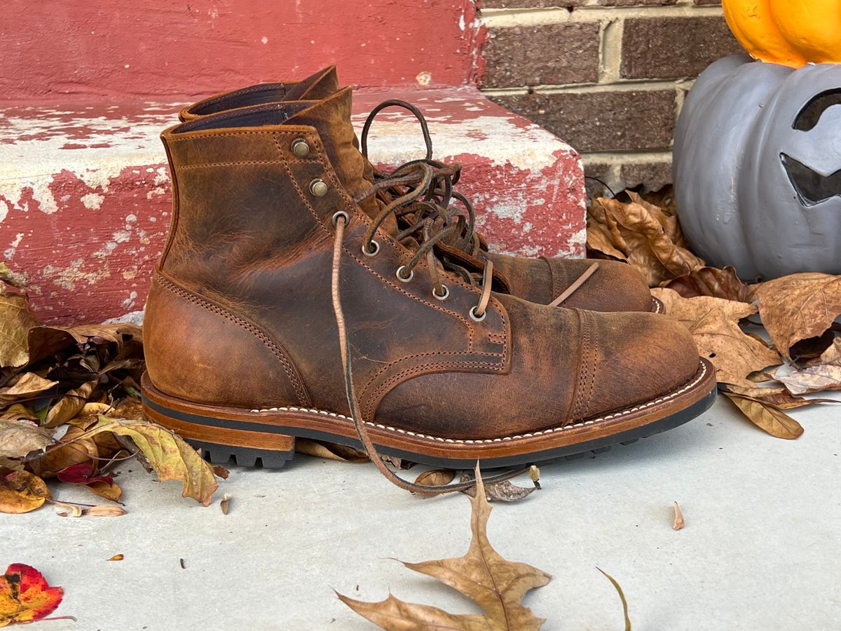 Photo by burrinboots on November 2, 2024 of the Truman Cap Toe Boot in Gallun Cognac Teton Stag.